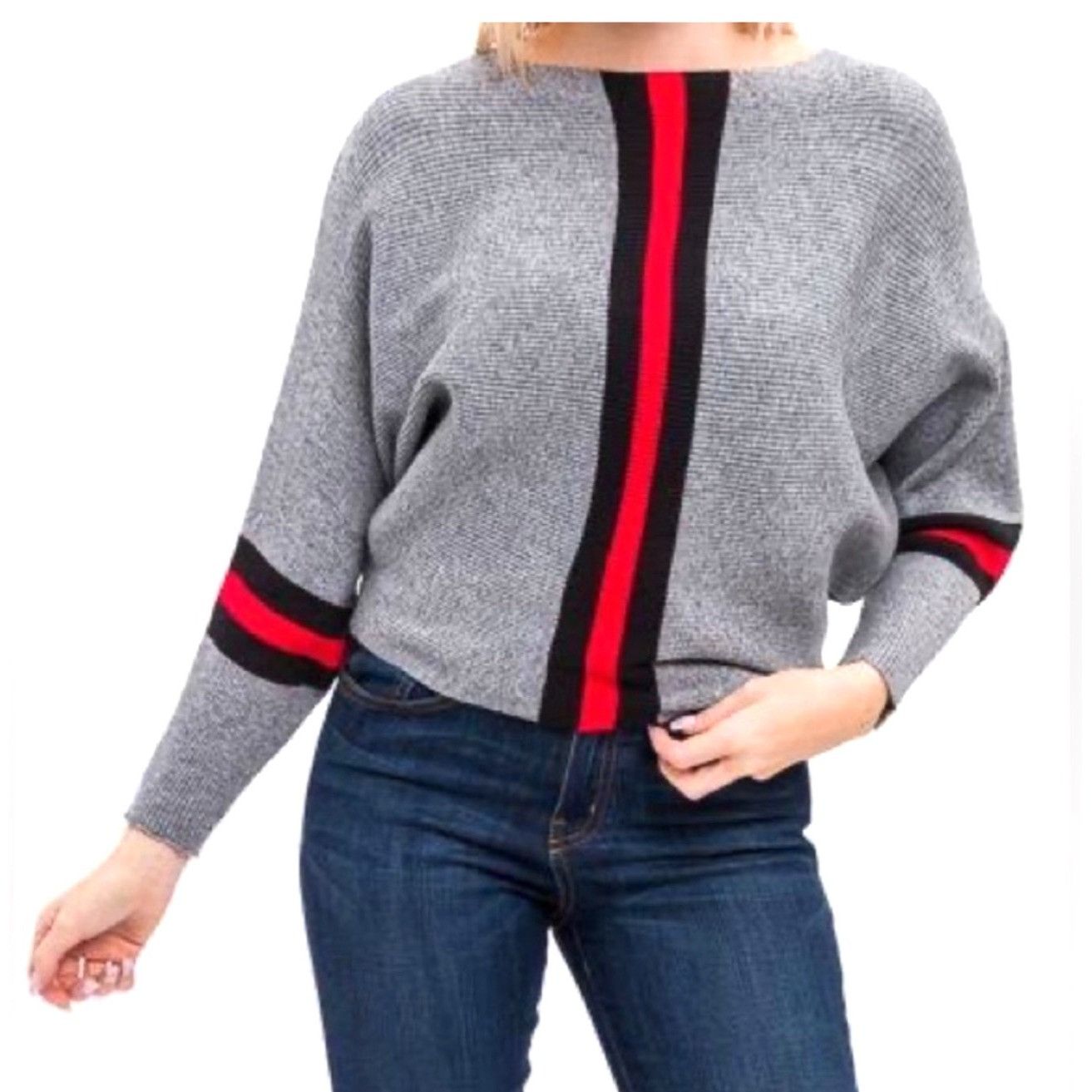 Other CCC Gray Batwing Crop Top Sweater Red Black Stripes Chic Sty Size M / US 6-8 / IT 42-44 - 3 Thumbnail