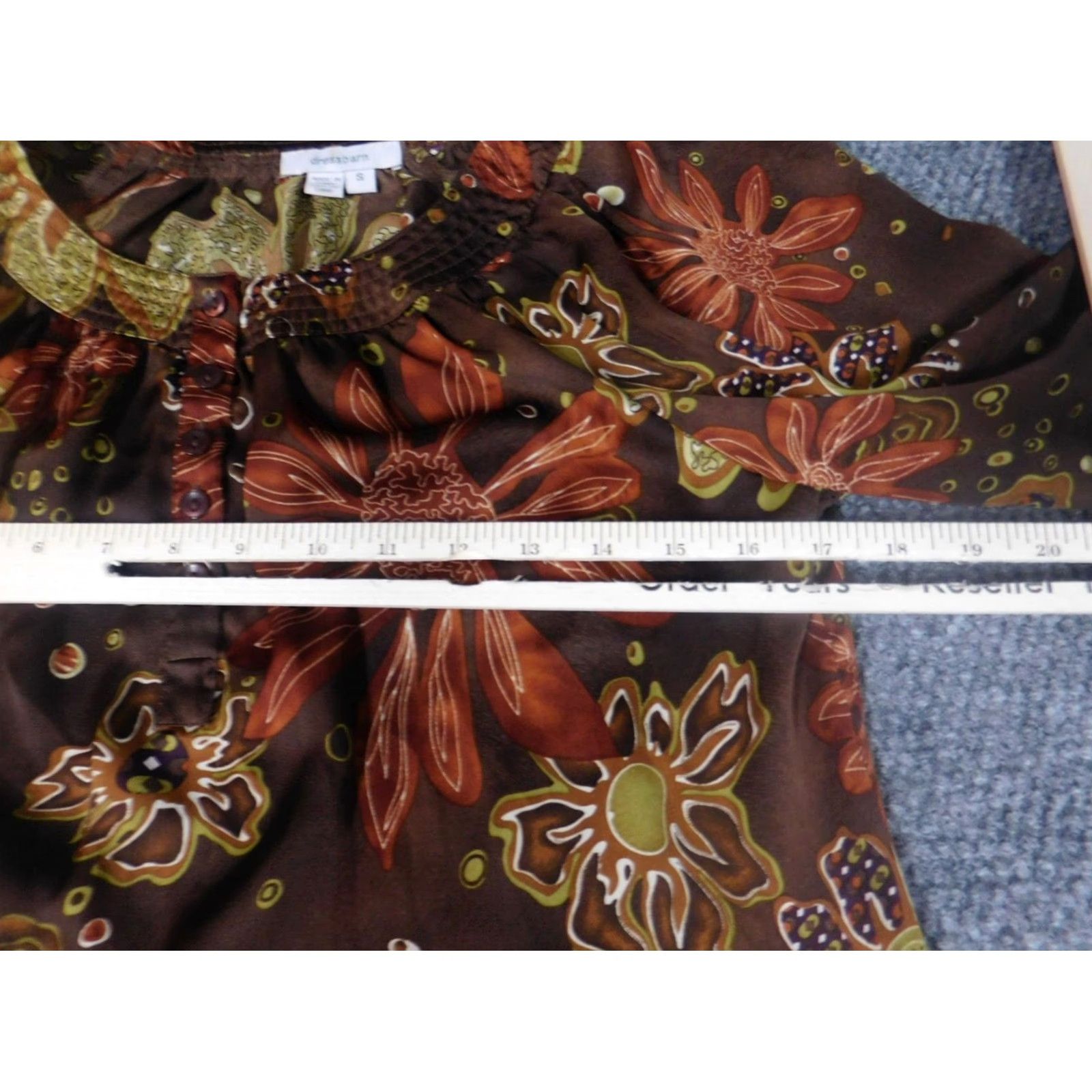 Vintage Dressbarn Womens Blouse Small Brown Floral 3/4 Sleeve Pullover Casual Ry Rayon Polyester Collared Ruffle Basic Classic Womens Regular Store Top Size S / US 4 / IT 40 - 6 Thumbnail