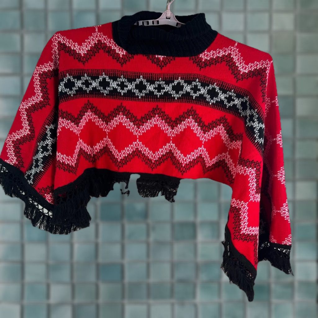 Vintage VINTAGE 60s 70s Knitted Red Black Plaid Poncho Fringe Hippie Boho Psychedelic Shawl/Wrap OS Womens Size ONE SIZE - 1 Thumbnail