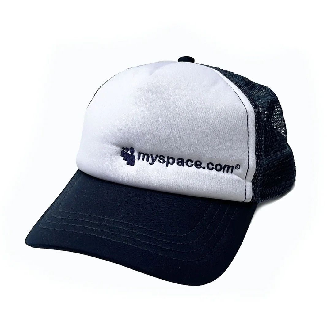 image of Myspace 2000 Myspace.com Vintage Promo Trucker Mesh Cap Hat in Blue/White, Men's