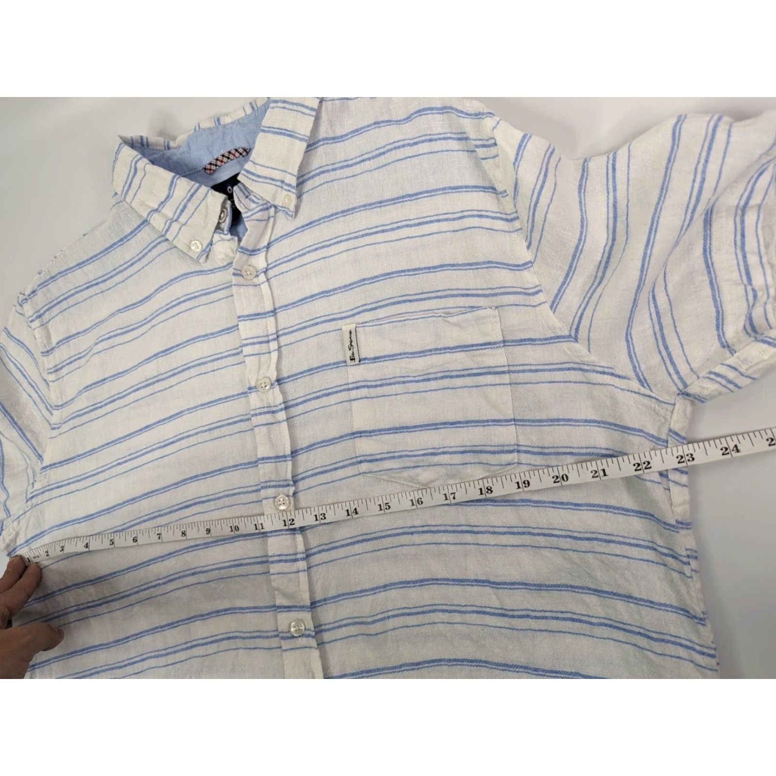 Ben Sherman Ben Sherman Shirt Button-Down Short Sleeve Linen Rayon Striped White Blue XL Mens Size US XL / EU 56 / 4 - 6 Thumbnail