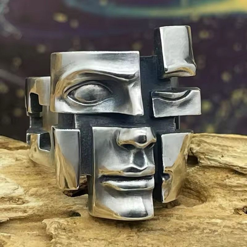 Jewelry x Ring Gold Plated Human Face Pattern Adjustable Ring in Silver, Men's