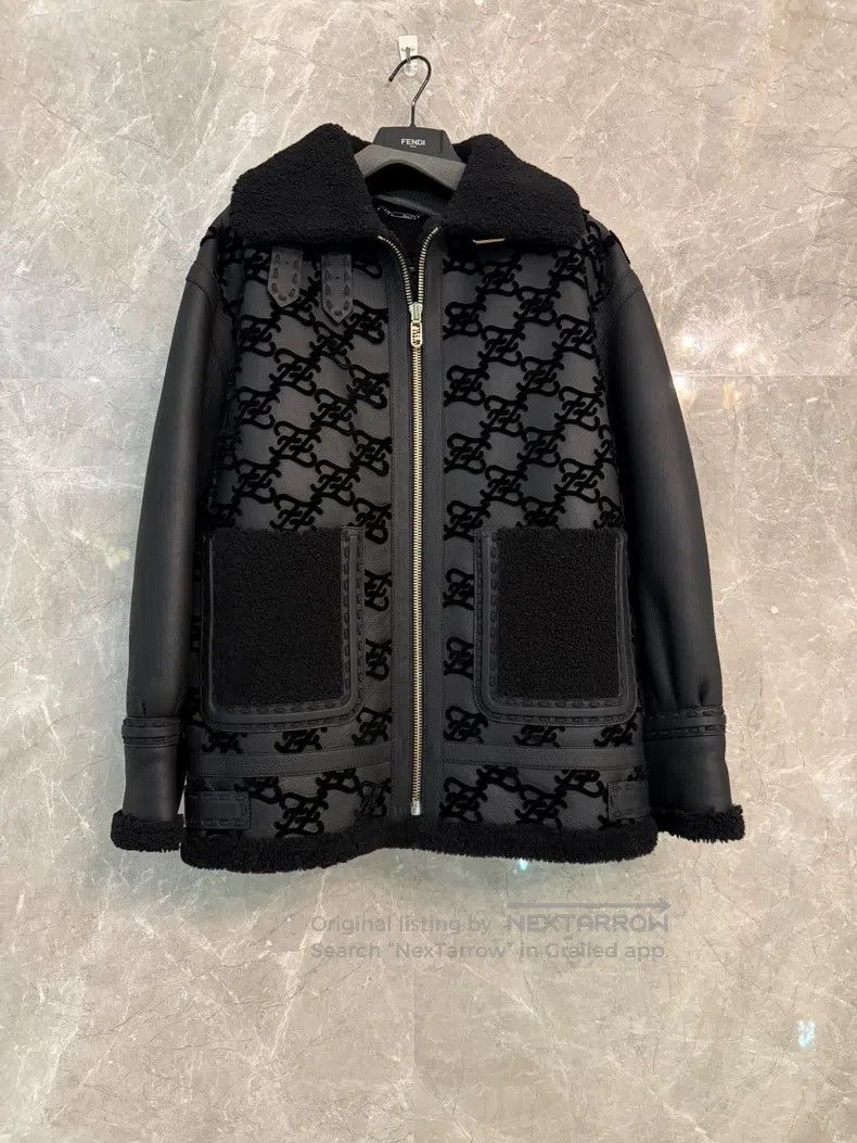 Fendi Fendi Black shearling coat with full logo design, metal zi Size S / US 4 / IT 40 - 1 Thumbnail