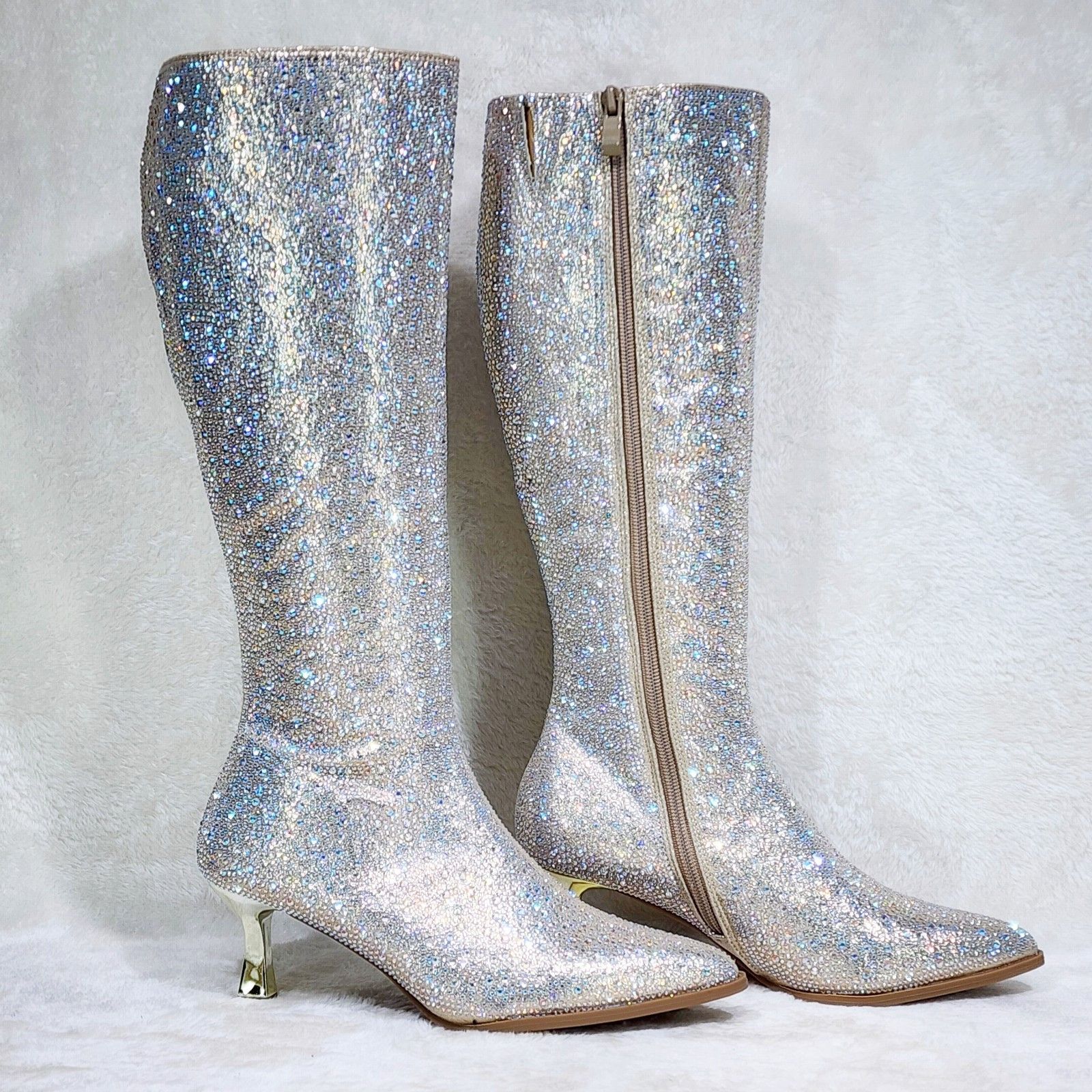 Other Gold Rhinestone Knee Boots 2.5" Kitten Heels Wide Friendly Size US 7 / IT 37 - 6 Thumbnail