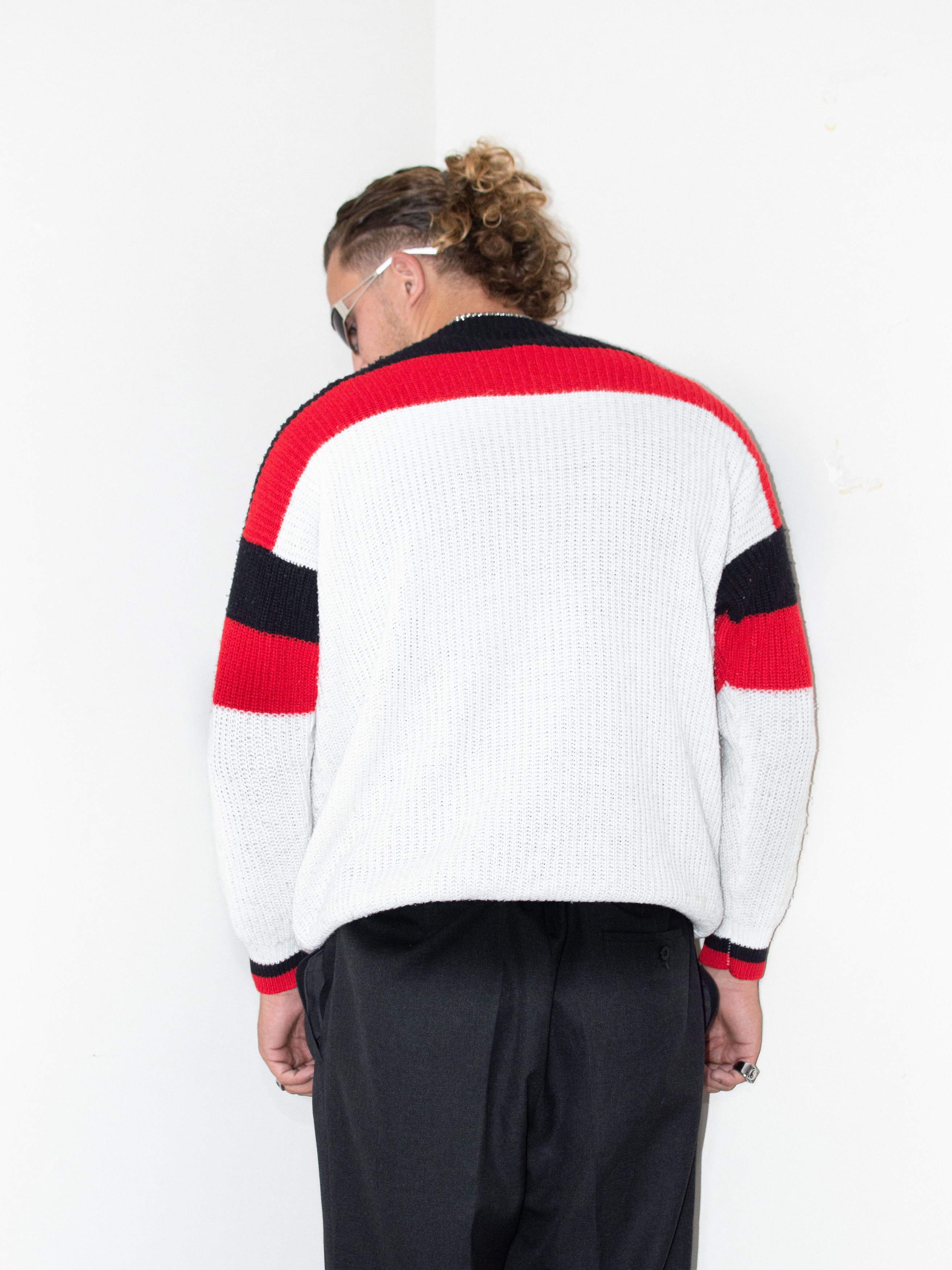 Designer × Vintage 80s Vintage Knitted Black Red Stripe Boxy Fit Sweater Size US L / EU 52-54 / 3 - 3 Thumbnail