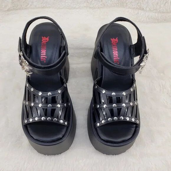Other Camel 17 Stacked Black Spider Web Platform Sandals Goth Punk Size US 12 / IT 42 - 7 Thumbnail