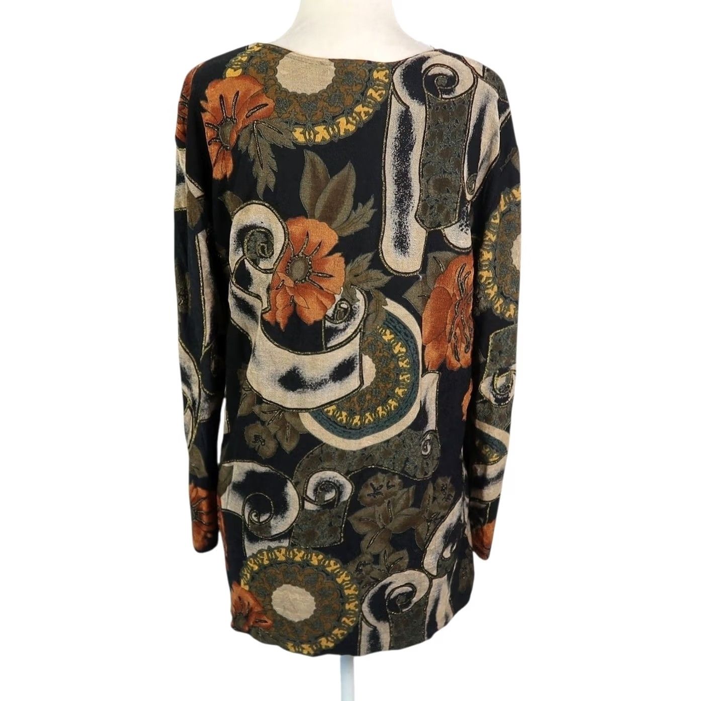 Vintage VINTAGE Superline Floral Jersey Tee Long Sleeve Tunic Womens 90s Bohemian Black Orange Size L / US 10 / IT 46 - 4 Thumbnail