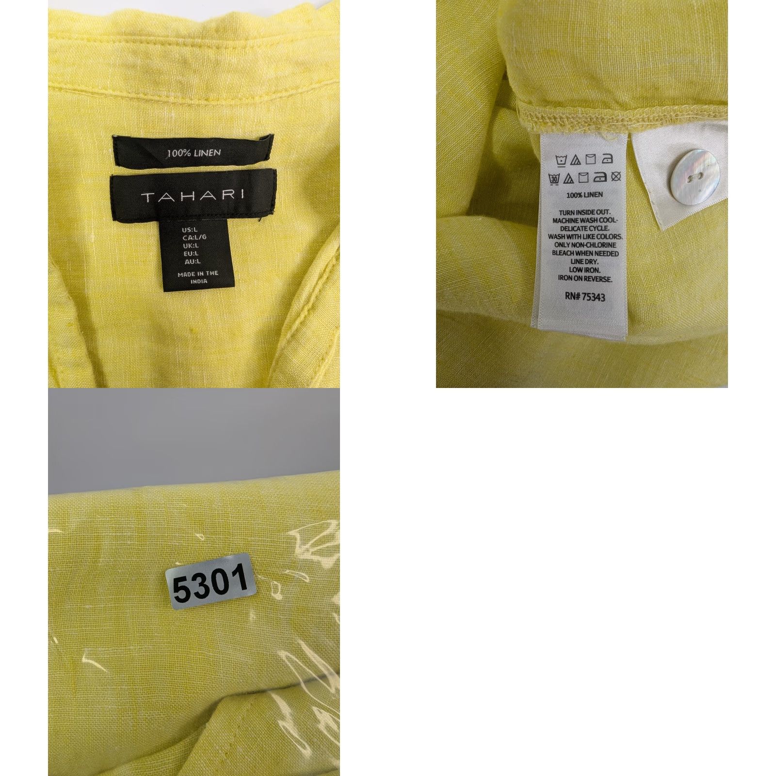 Vintage Tahari Blouse Shirt Womens Large 100% Linen Yellow V-Neck Collared Pullover 3/4 Sleeve Size L / US 10 / IT 46 - 8 Thumbnail