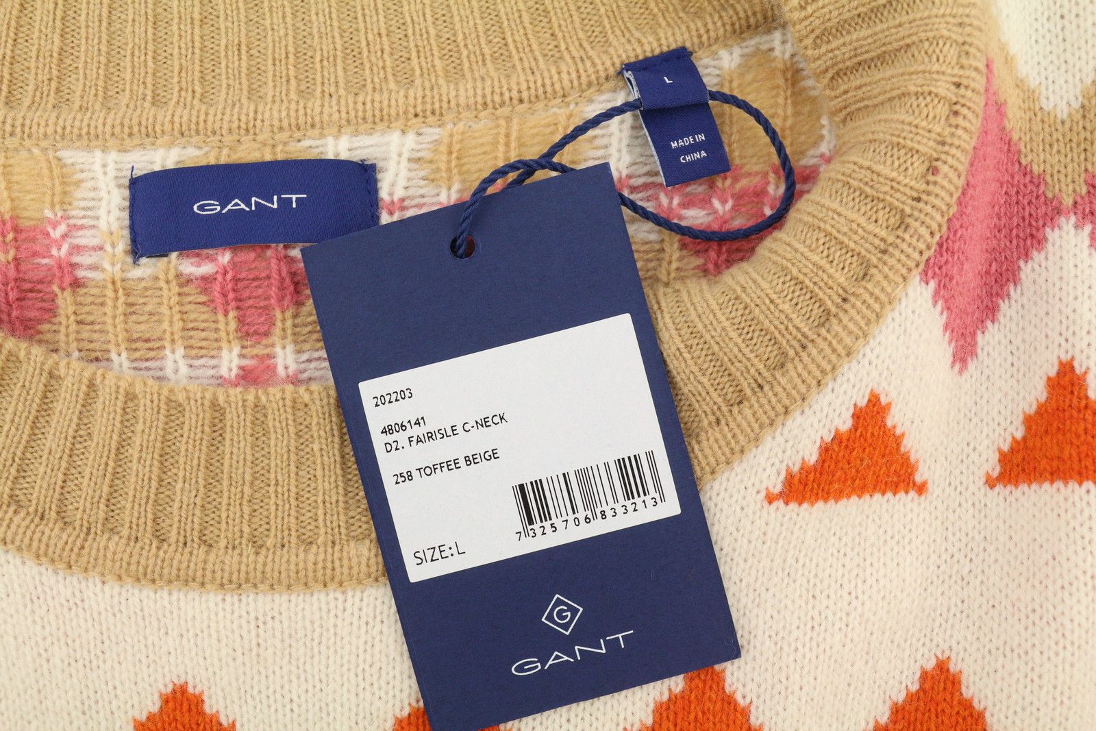 Gant FAIRISLE C-NECK L Toffee Beige Wool Cashmere 88073 Size L / US 10 / IT 46 - 7 Thumbnail