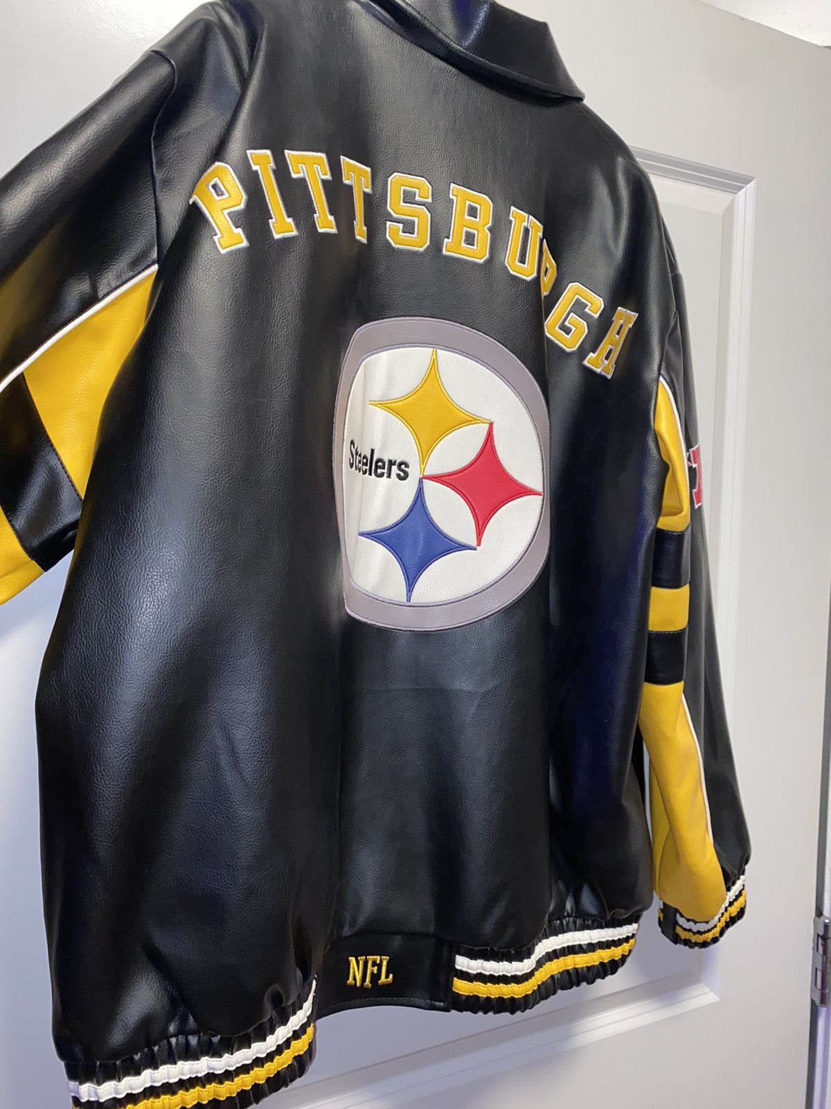 image of Vintage Pittsburgh Steelers Pleather Jacket in Black/Yellow, Men's (Size 2XL)