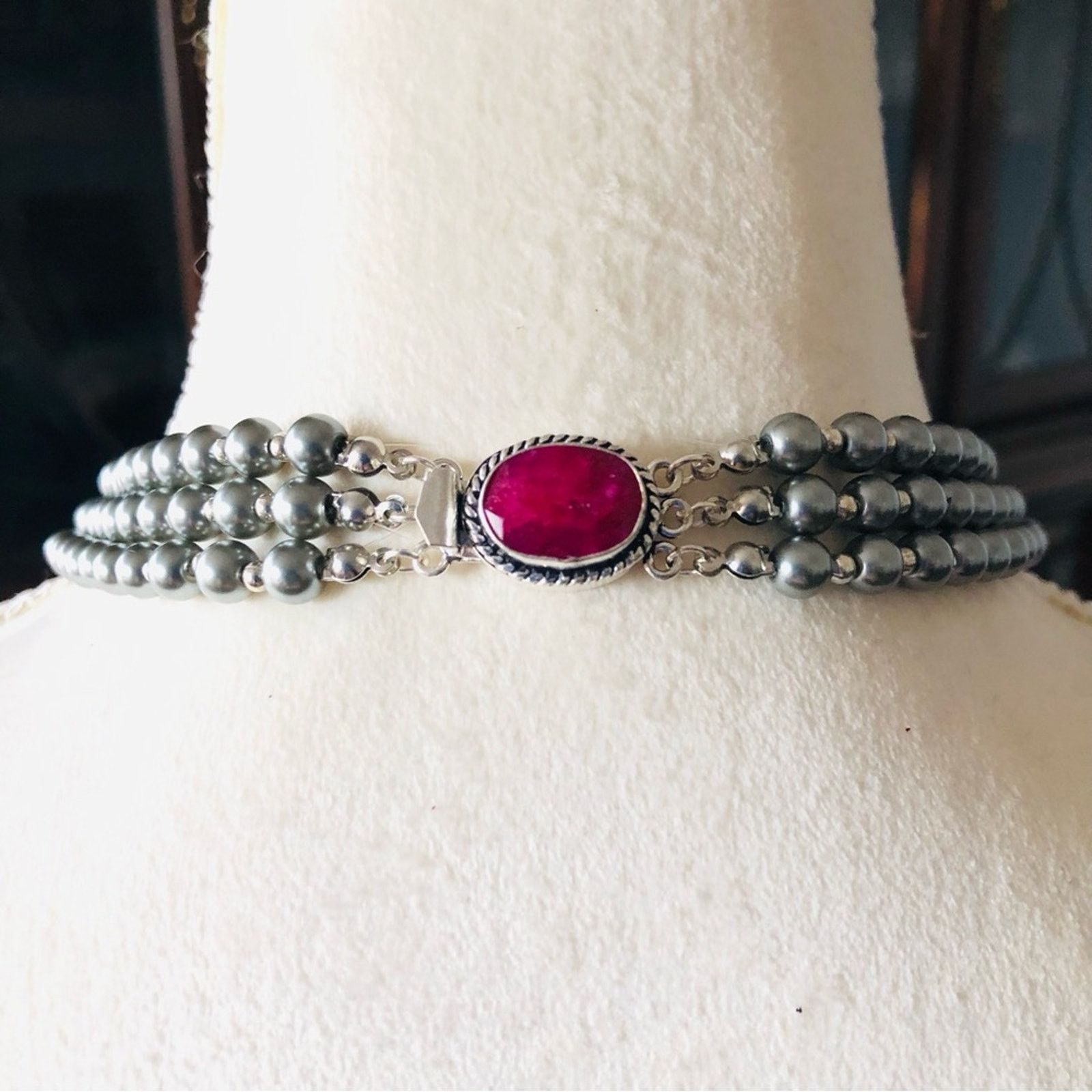 Jewelry Handcrafted filigree cameo Pearl genuine ruby necklace Size ONE SIZE - 7 Thumbnail