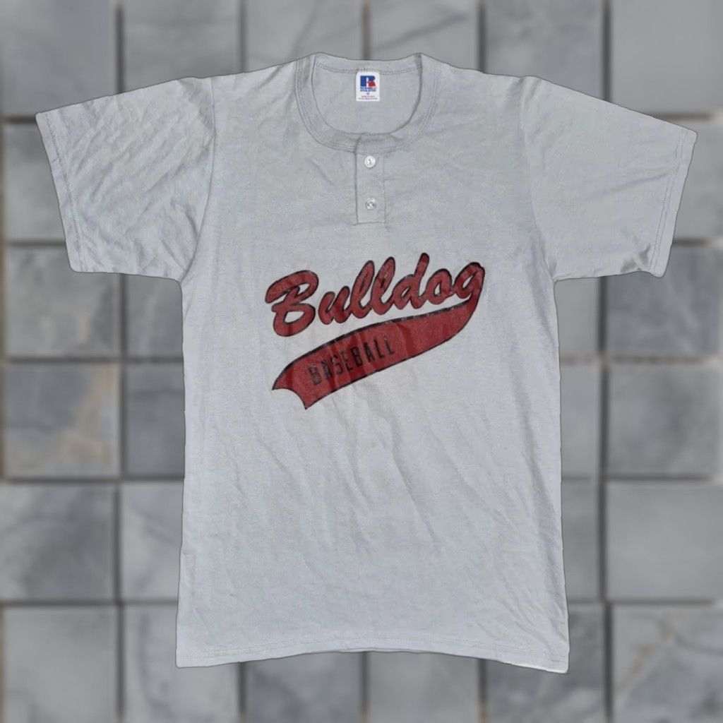 Russell Athletic VINTAGE Russell Athletic Henley Baseball T-Shirt Bulldogs Gray USA Made Mens M Short Sleeve Cotton Blend Size US M / EU 48-50 / 2 - 1 Thumbnail