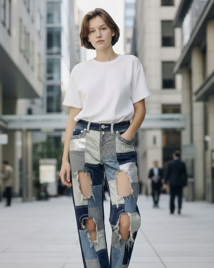 Ronin Division RONI Sequin Patchwork Blow Out Stretch Denim Cropped Style Size 25" / US 0 / IT 36 - 1 Thumbnail