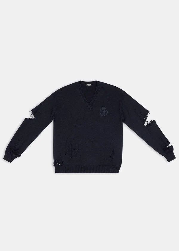 Balenciaga o1mt1gz0924 Destroyed Oversized V-Neck in Navy Size XS / US 0-2 / IT 36-38 - 1 Thumbnail