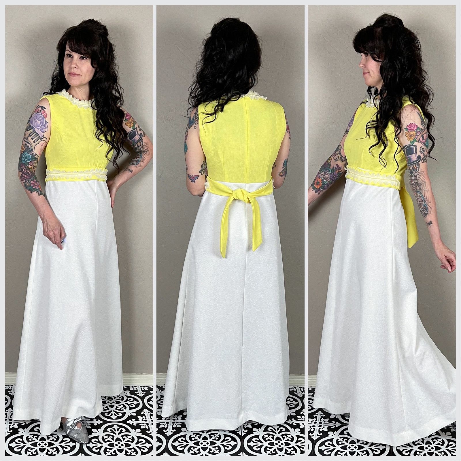 Vintage 1960s Yellow and White Sleeveless A-line Maxi Prom Dress Size M / US 6-8 / IT 42-44 - 2 Thumbnail