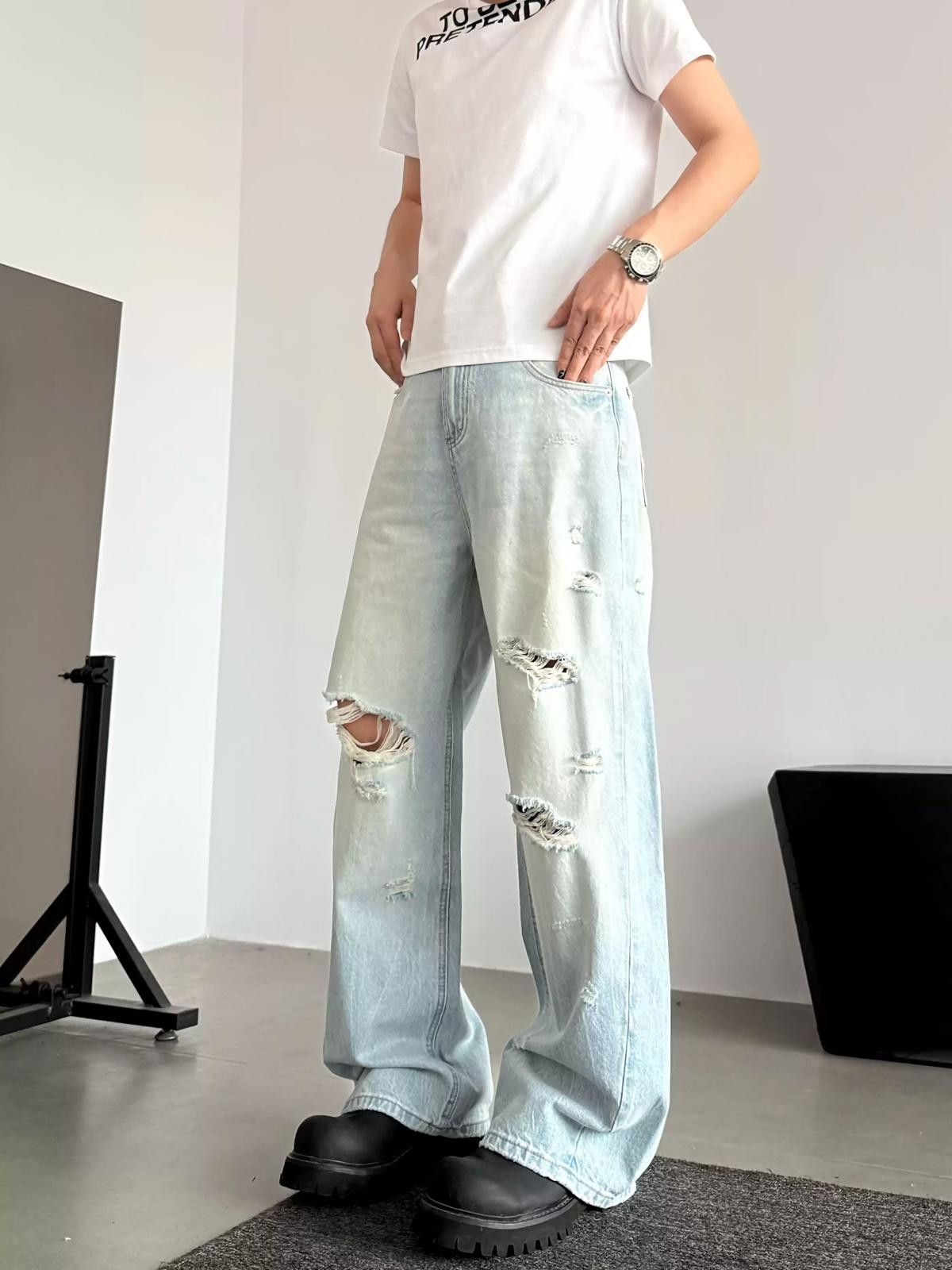 Jean Light Blue Distressed Wide Leg Jeans, Ripped Loose Fit Size US 28 / EU 44 - 3 Thumbnail