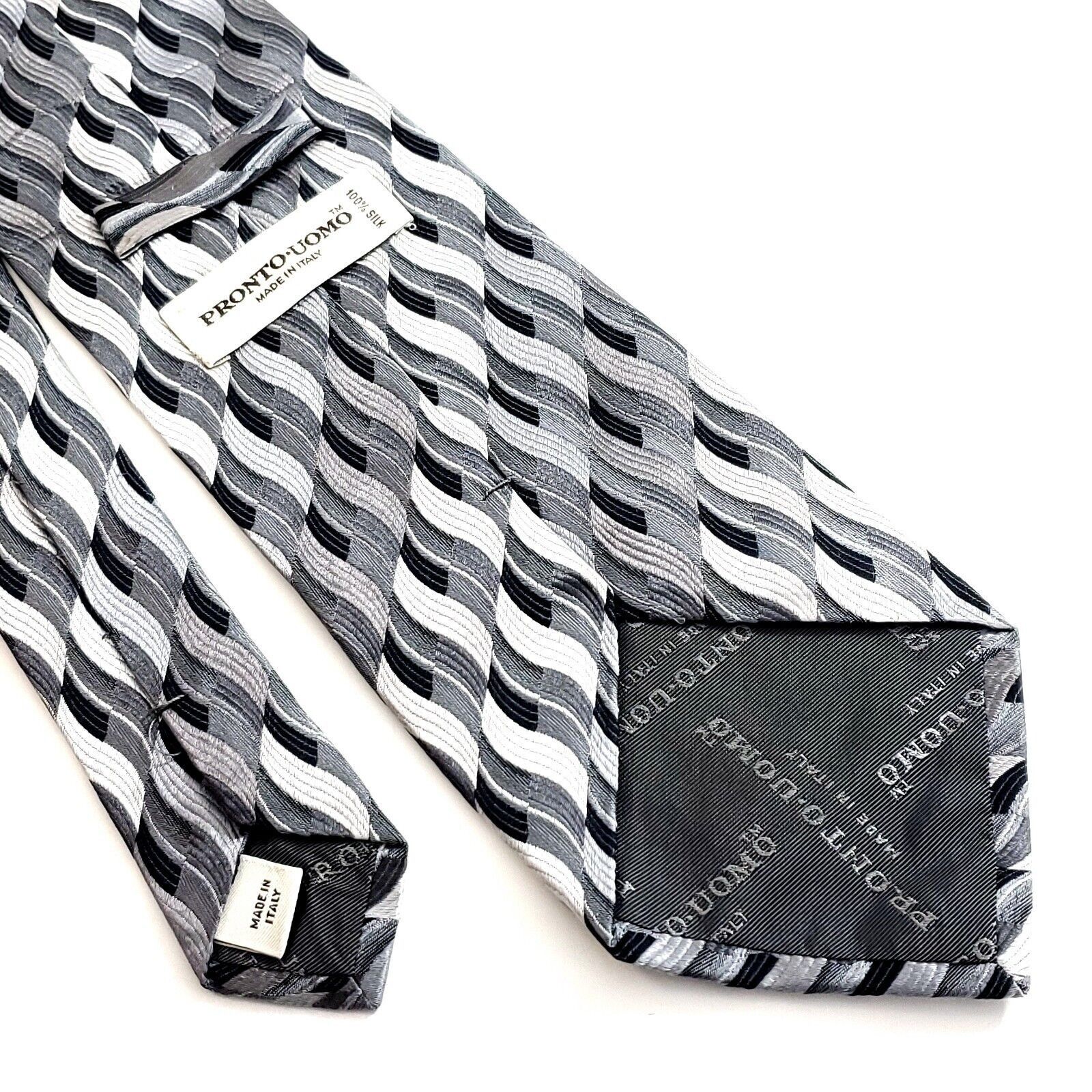 Pronto Uomo Pronto Uomo Gray Woven Geometric Long Wide Silk Tie Size ONE SIZE - 5 Thumbnail
