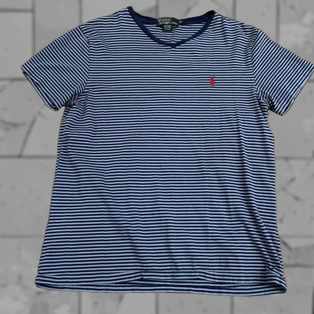 Polo Ralph Lauren VINTAGE Polo Ralph Lauren T-Shirt Striped Blue V-Neck Mens M Tee Blue 90s? Size US M / EU 48-50 / 2 - 1 Thumbnail