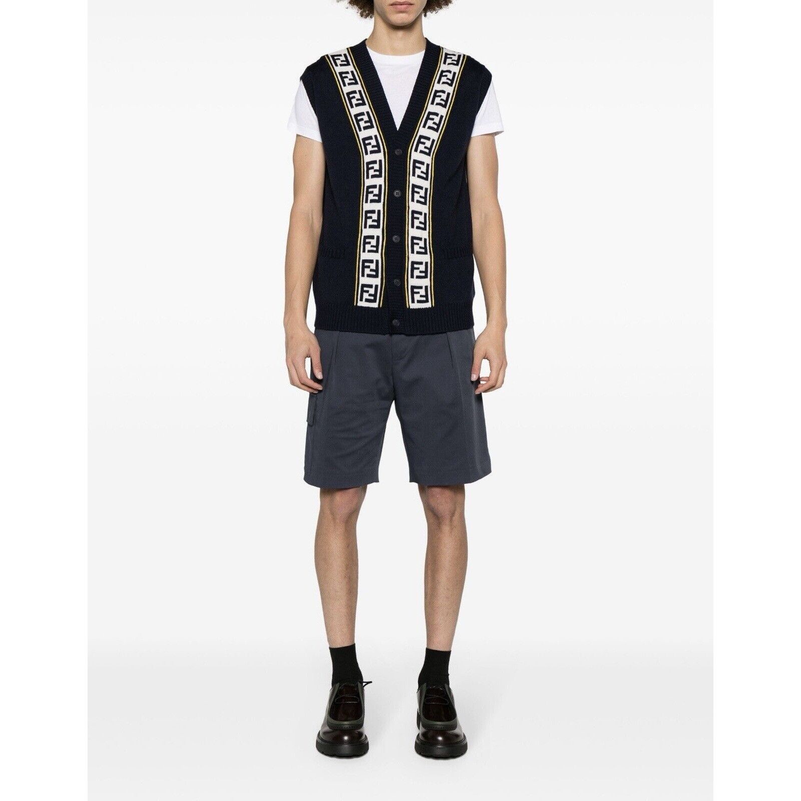 Fendi NWT Fendi Logo Intarsia Button-Up Vest Sweater Blue FF Virgi Size US L / EU 52-54 / 3 - 3 Thumbnail
