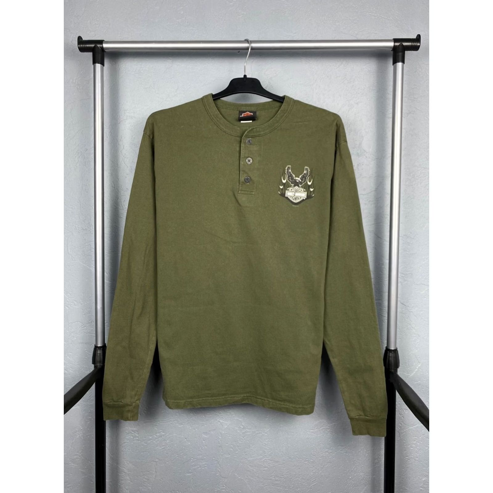 Harley Davidson Harley-Davidson T-Shirt Long Sleeve Mens L Vintage Olive 2006 Graphic Print Crew Neck Ombre? Size US L / EU 52-54 / 3 - 6 Thumbnail