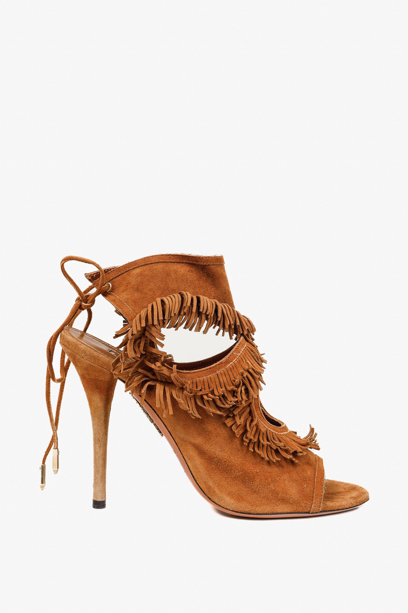Aquazzura Aquazurra Brown Suede Sexy Fringe Heeled Sandals Size US 6.5 / IT 36.5 - 1 Thumbnail