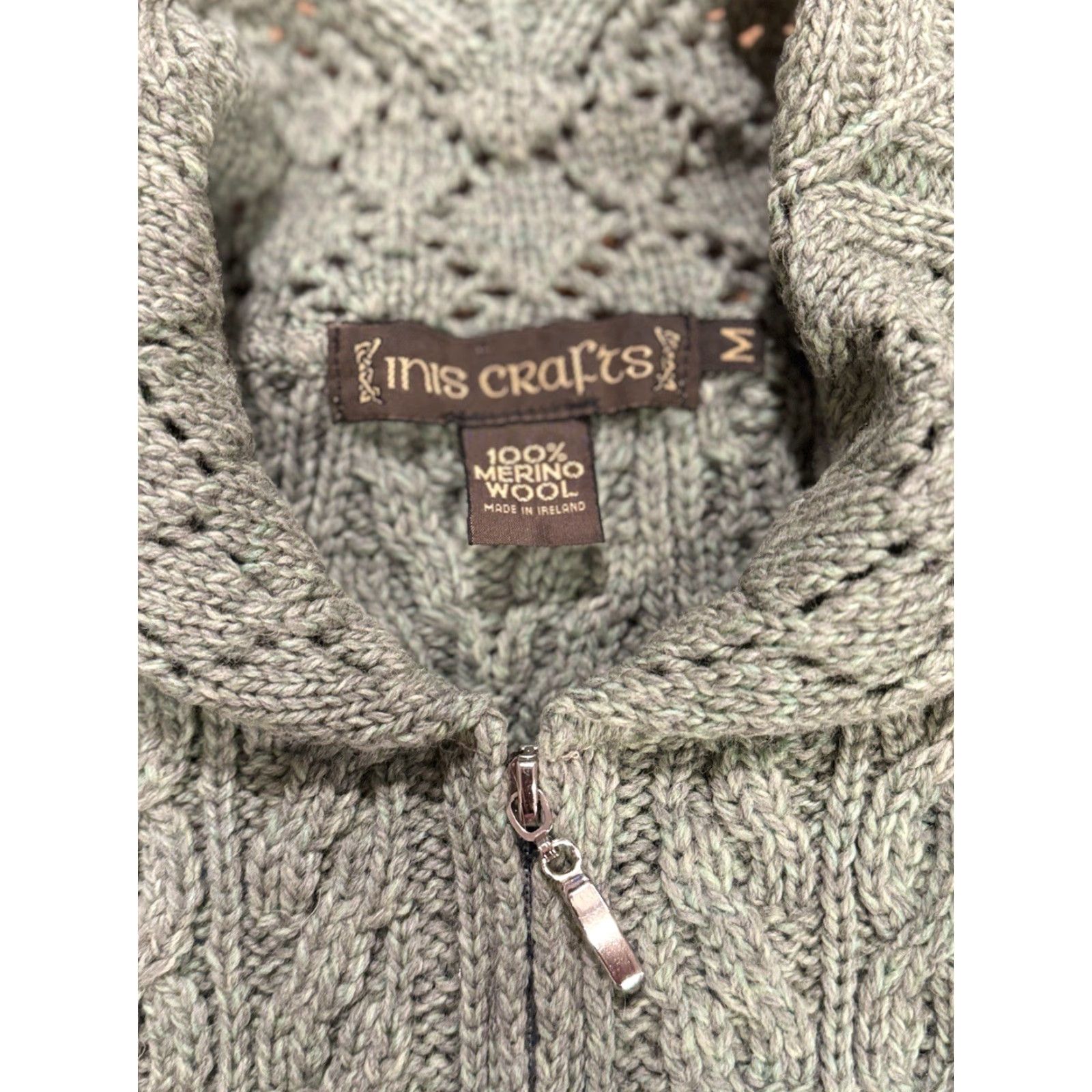 Vintage Inis Crafts Sweater Cable Knit 100% Wool Green Scallop Made In Ireland Medium Womens Mens? Size M / US 6-8 / IT 42-44 - 7 Thumbnail