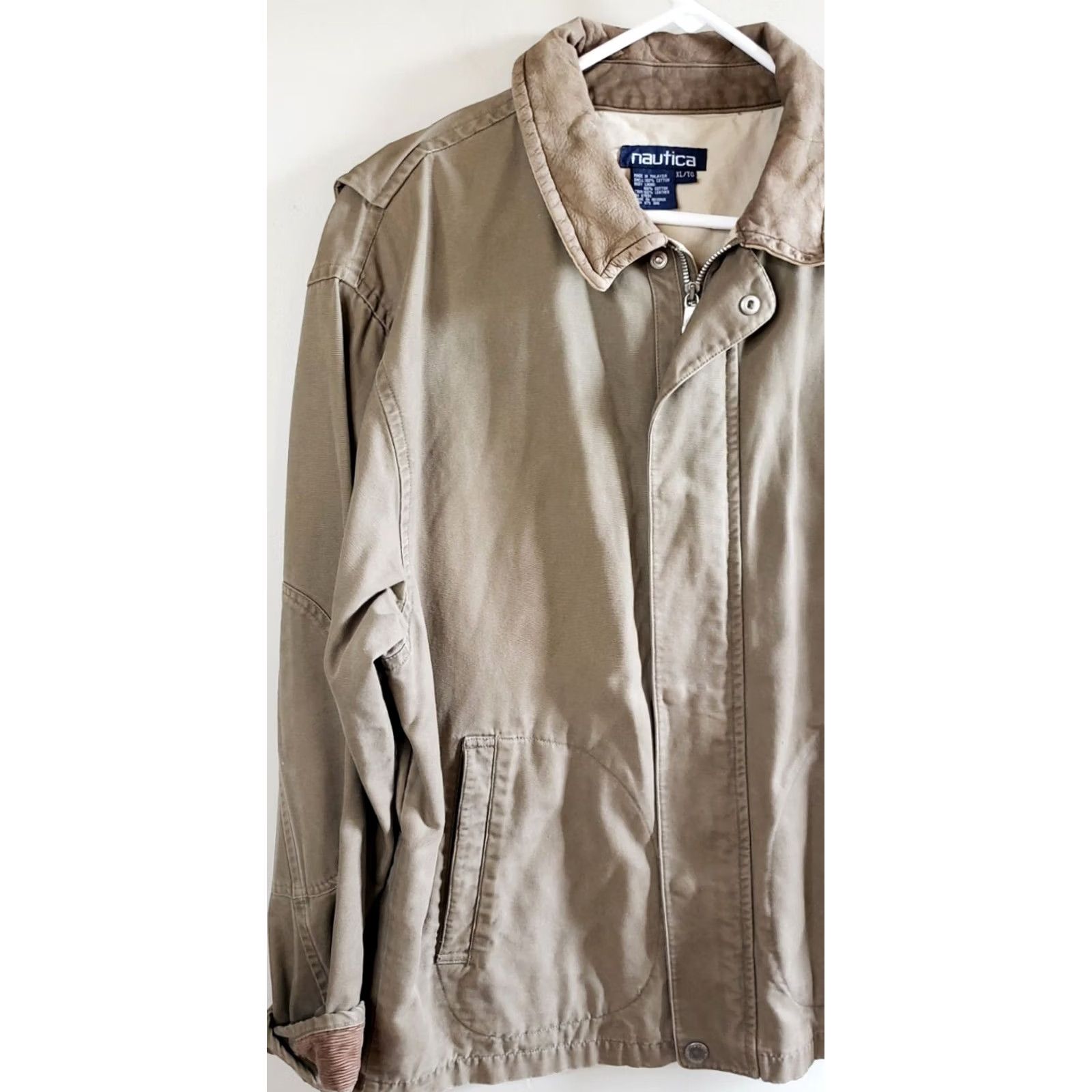 Nautica Nautica Mens XL Canvas Barn Coat Tan Khaki Jacket Full Zip Leather Collar & Trim Jacket Size US XL / EU 56 / 4 - 4 Thumbnail