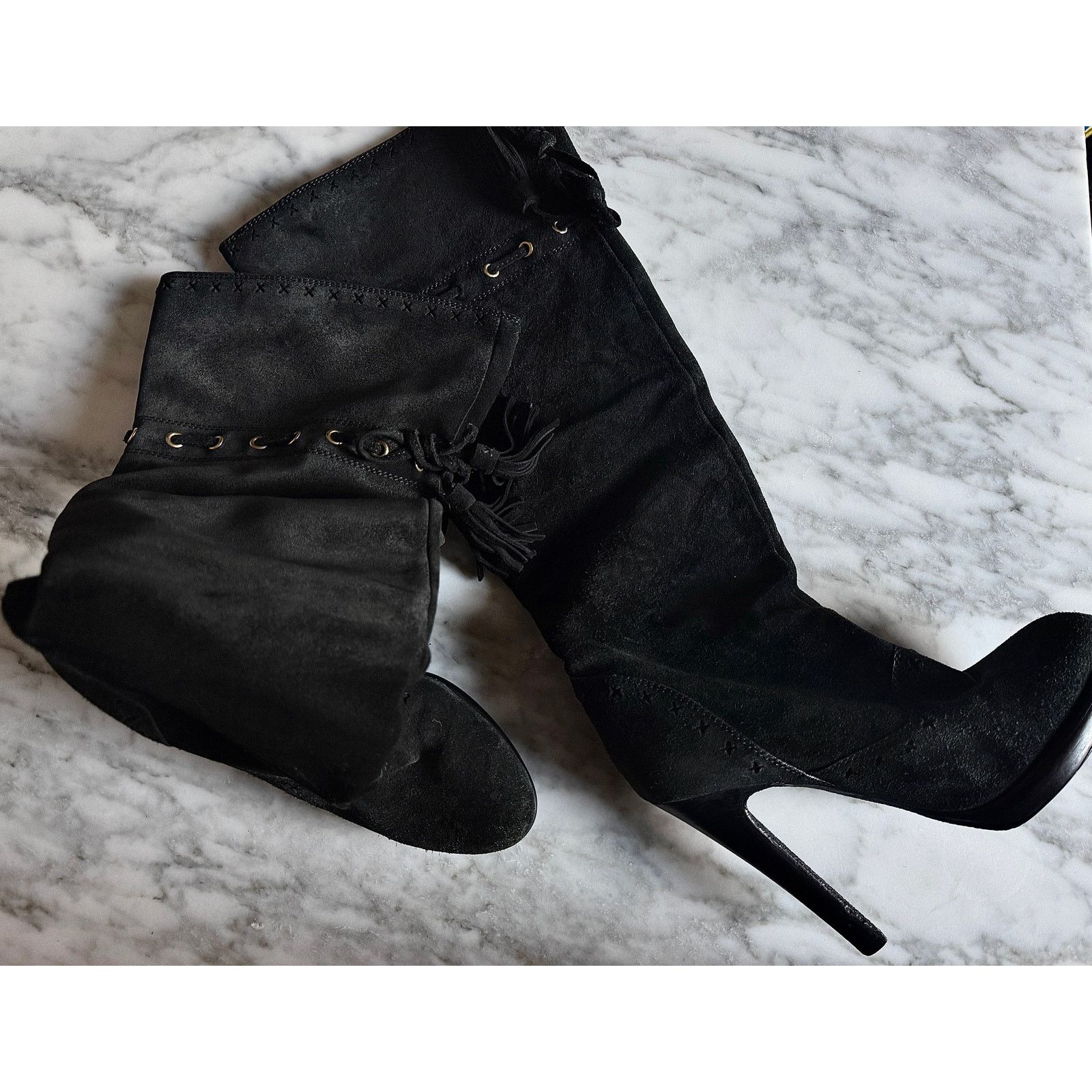 Yves Saint Laurent Yves Saint Laurent Black Suede Chelsea Tassel Knee Boots Size US 8.5 / IT 38.5 - 1 Thumbnail