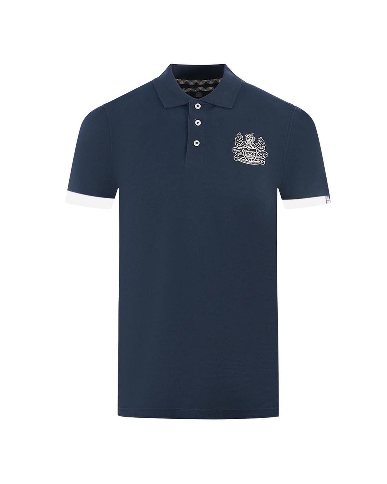 image of Aquascutum Contrasting Logo Cotton Polo Shirt in Blue, Men's (Size 2XL)