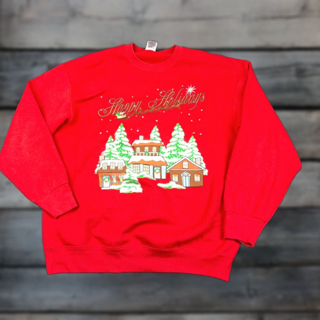 Fruit Of The Loom VINTAGE Fruit of the Loom Sweatshirt Adult XL Red 90s Christmas Happy Holidays Pullover Crew Neck Graphic Print Womens Size XL / US 12-14 / IT 48-50 - 1 Thumbnail