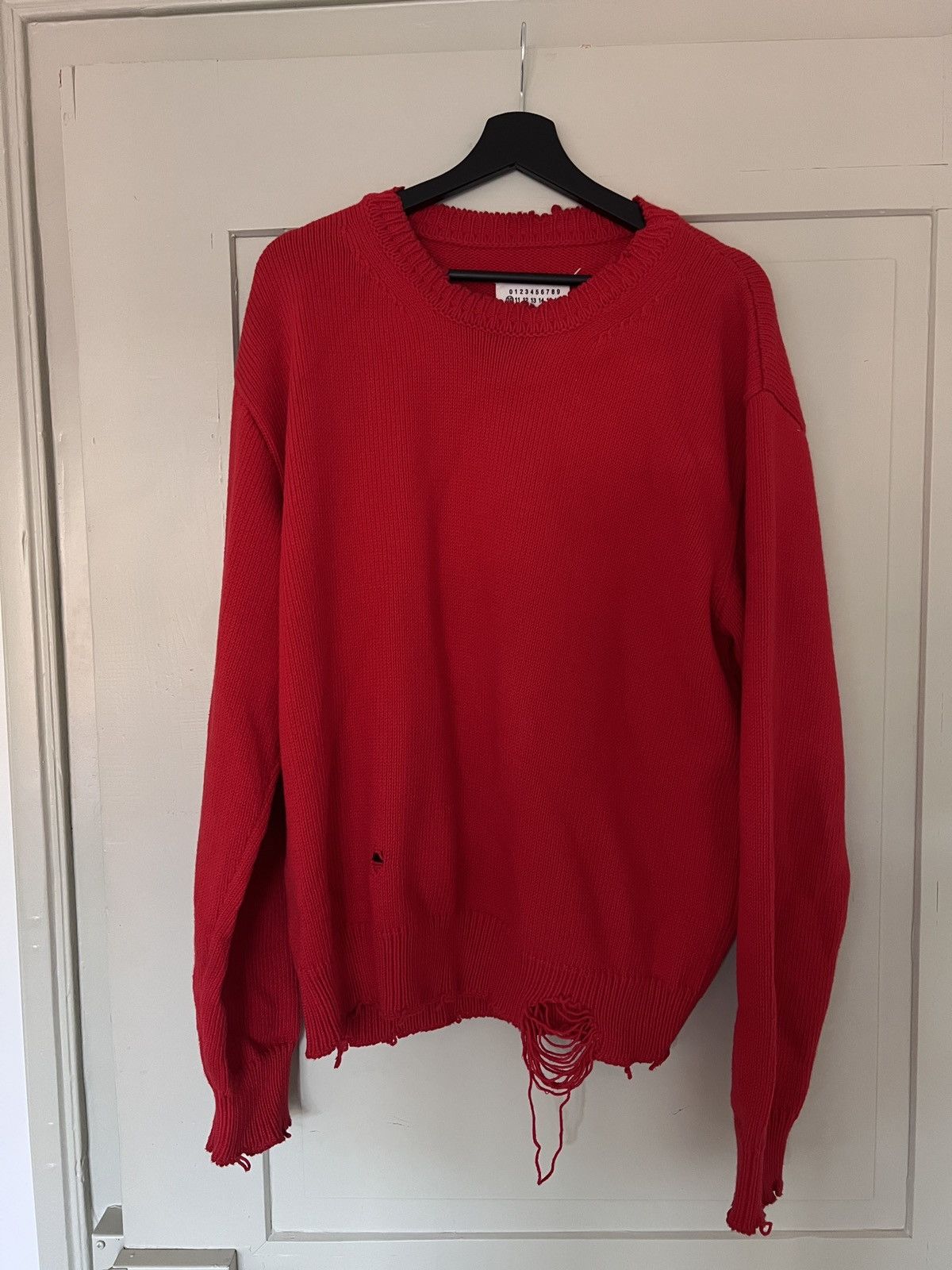image of Maison Margiela Distressed Knit Sweater in Red, Men's (Size Medium)