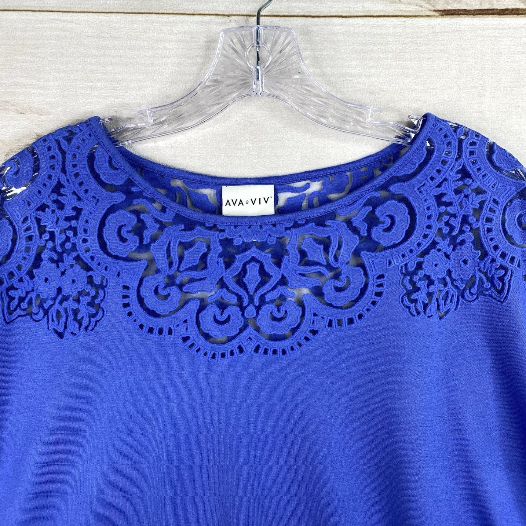 Vintage Ava & Viv Top Womens 1X Blue Embroidered Burnout Cap Short Sleeve Boho Stretch Size XL / US 12-14 / IT 48-50 - 2 Thumbnail