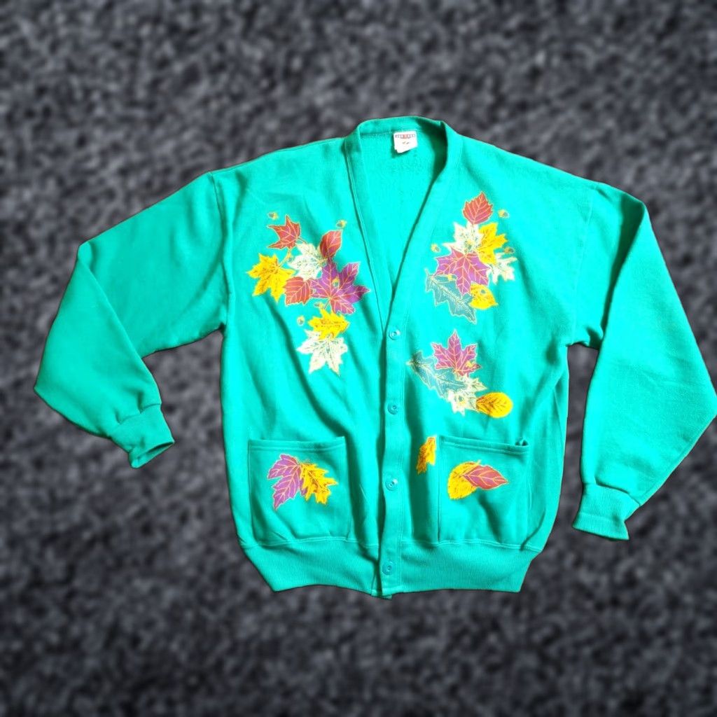 Jerzees VINTAGE Jerzees Cardigan Sweatshirt OSFM Green 80s Button V-Neck Long Sleeve Pockets Womens Knit Thermal Cardigan Everyone Size ONE SIZE - 1 Thumbnail