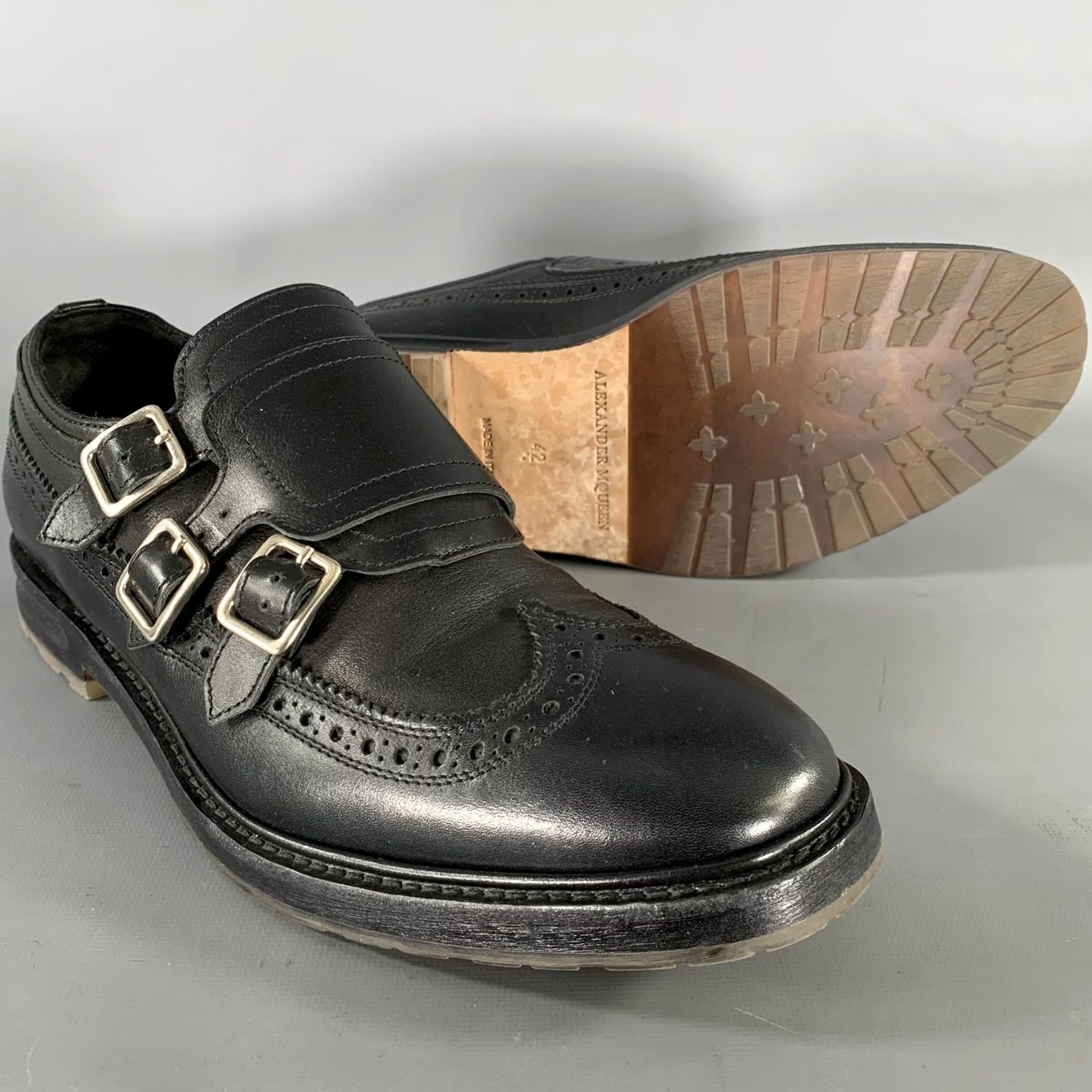 Alexander McQueen ALEXANDER MCQUEEN Monk Strap Loafers Black Leather Size 9 Mens Size US 9 / EU 42 - 5 Thumbnail