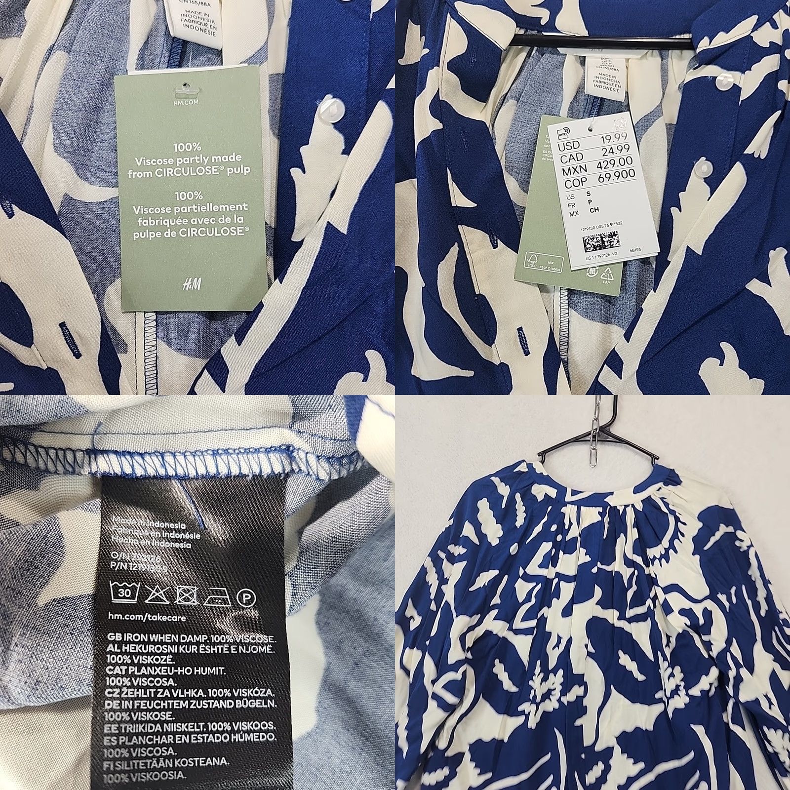 H&M H&M Blouse Tunic Womens S Viscose Long Sleeve White Blue Floral 1/2 Button Front V-Neck Office Casual Shirt Size S / US 4 / IT 40 - 9 Thumbnail