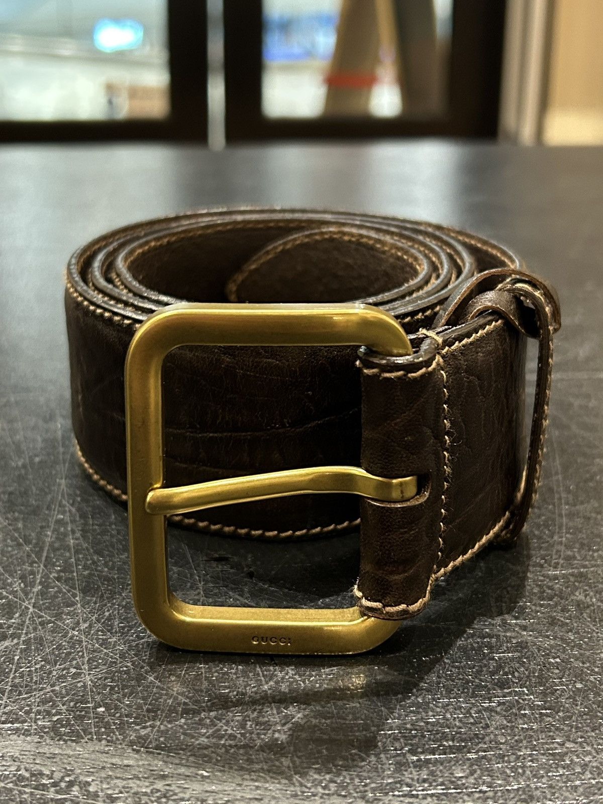 Gucci Gucci Gild Buckle Brown Leather Belt Size 38 - 1 Thumbnail