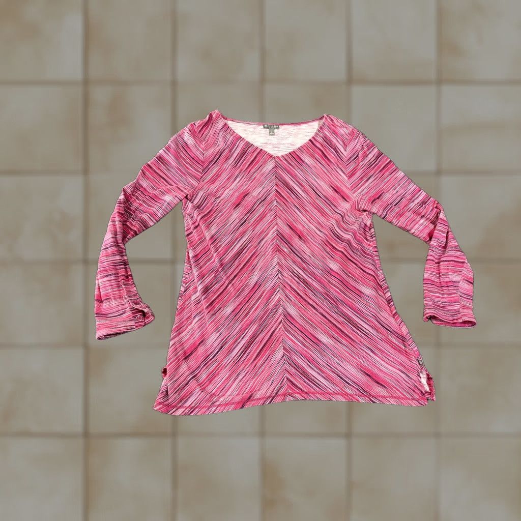 Talbots T by Talbots Shirt Womens Large Pink Striped V-Neck Bell Sleeve Tunic Top Size L / US 10 / IT 46 - 1 Thumbnail