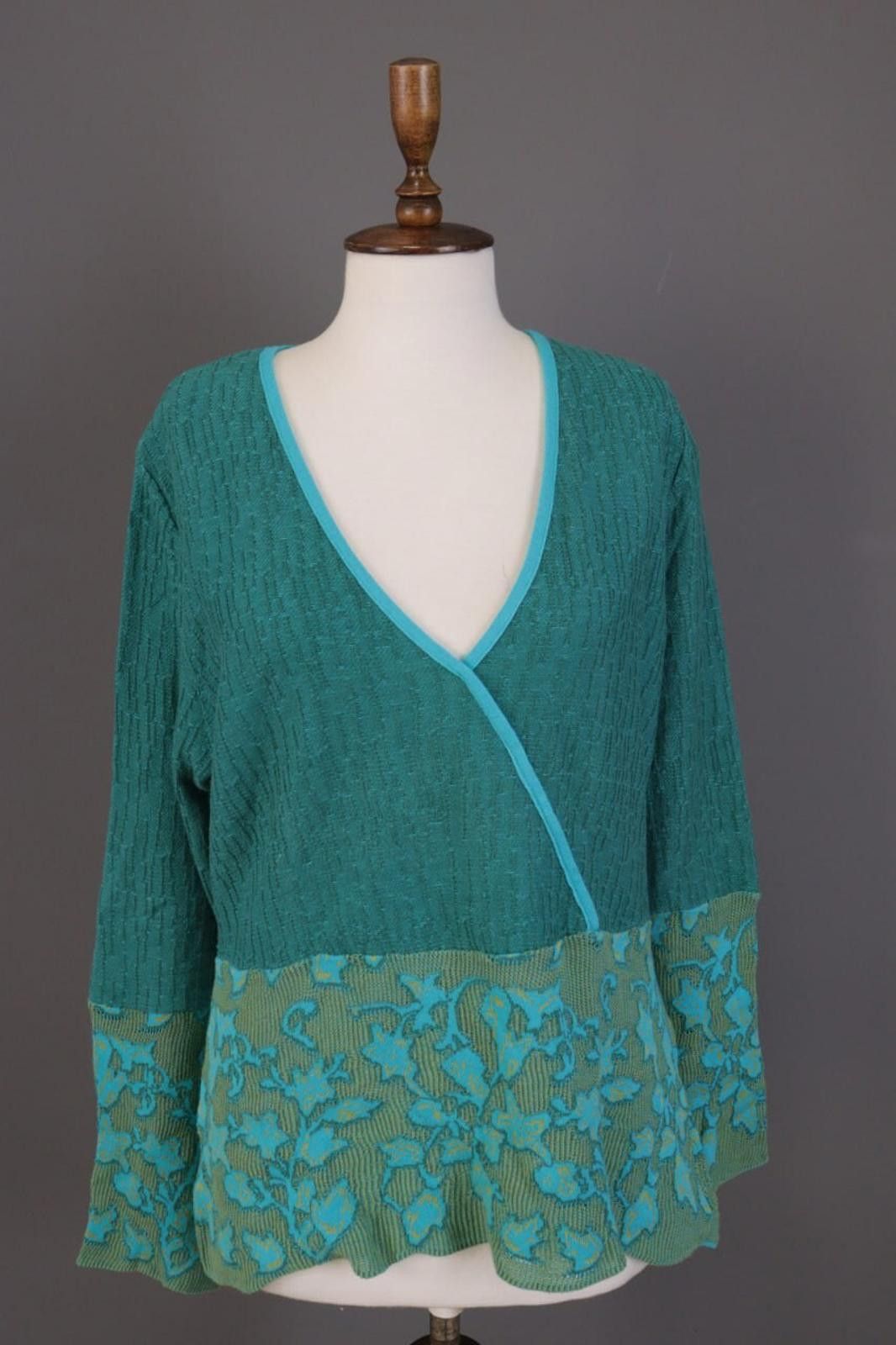 Designer Dunoue Green V-Neck Floral Knit Sweater Size XL Size XL / US 12-14 / IT 48-50 - 1 Thumbnail
