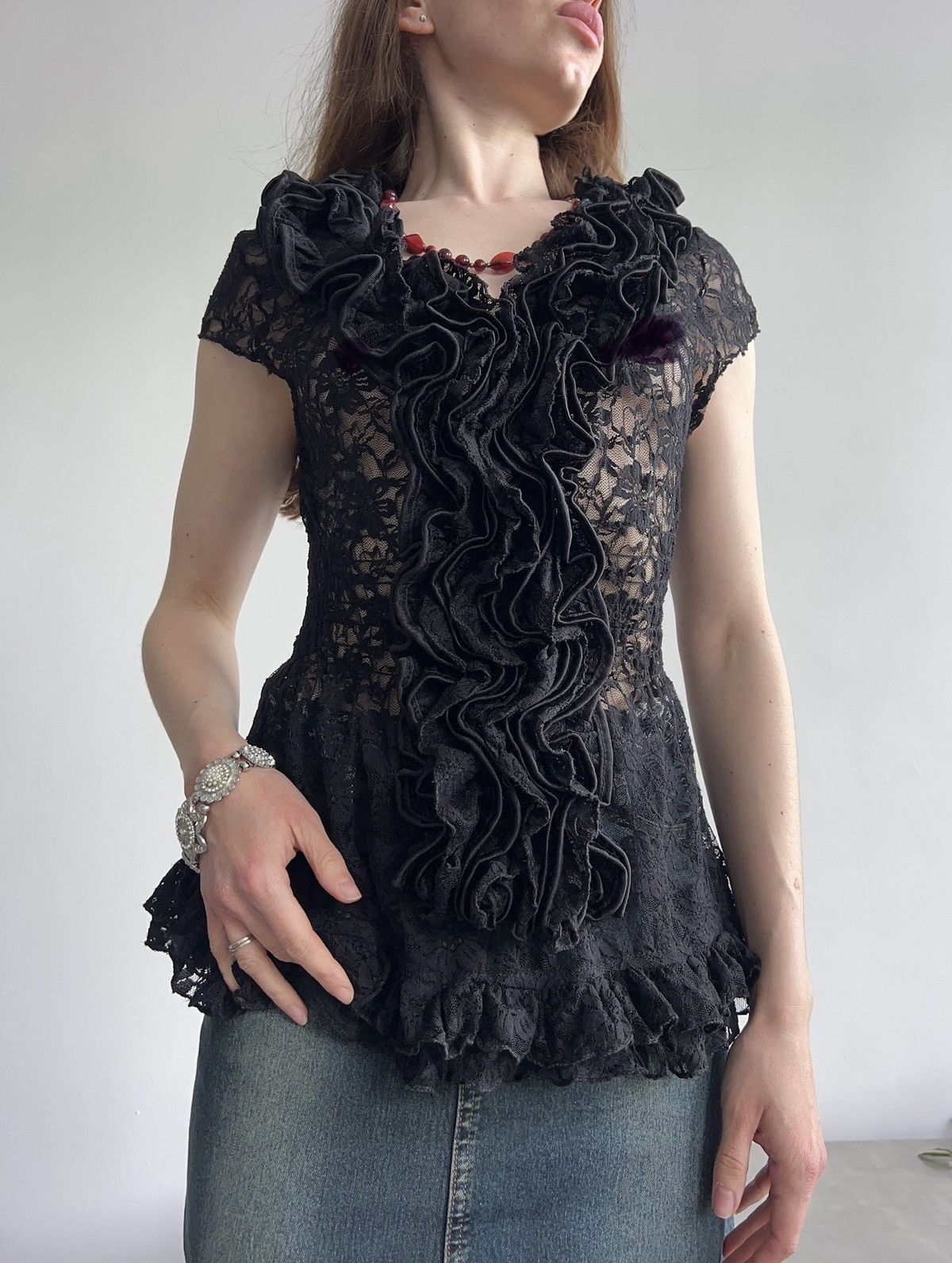 Vintage Vintage amazing sheer black floral gothic top , Y2K , ruffle Size S / US 4 / IT 40 - 2 Thumbnail