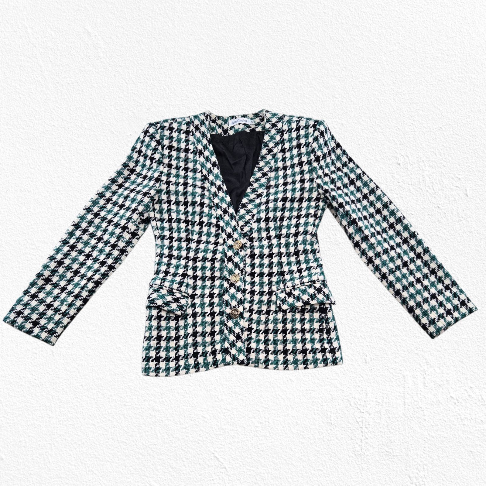 Ann Taylor 1980s Ann Taylor Green Black Wool Houndstooth Blazer Size 2 Size XS / US 0-2 / IT 36-38 - 3 Thumbnail
