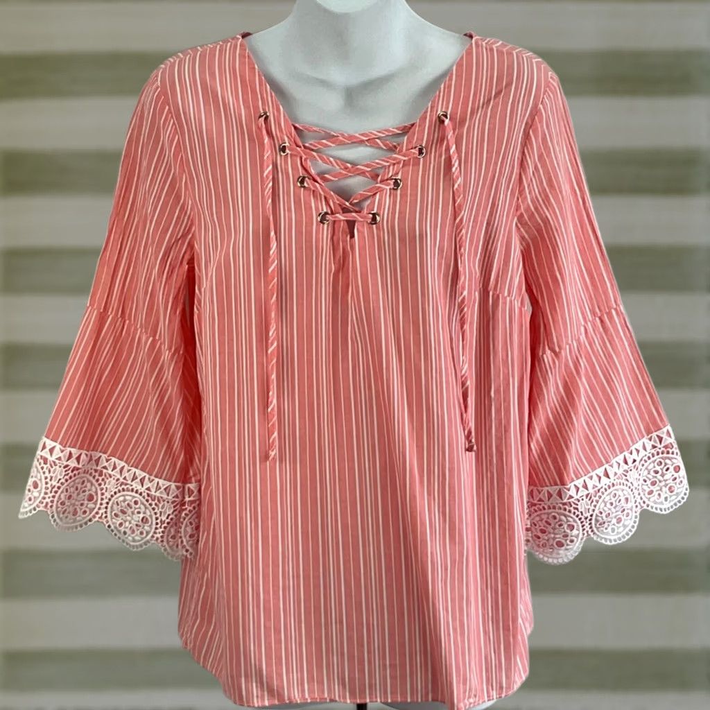Vintage ANA Tunic Pullover Top M Peach Stripe Lace Up V-Neck 3/4 Crochet Trumpet Sleeve Blouse Womens Size M / US 6-8 / IT 42-44 - 1 Thumbnail