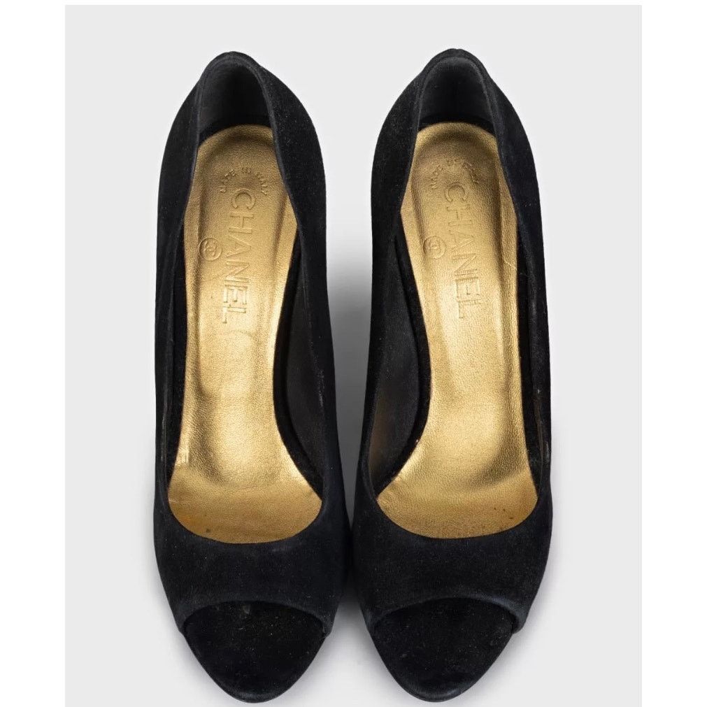 Chanel Chanel Black Suede Gold Accent Open Toe Pumps Sz 40 Size US 9 / IT 39 - 2 Thumbnail