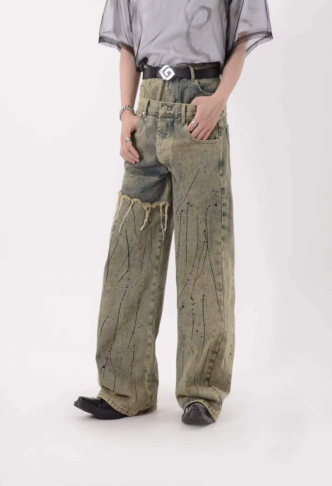 Designer × Vintage Asymmetric Design Loose Distressed Baggy Pants Jeans Size US 34 / EU 50 - 6 Thumbnail