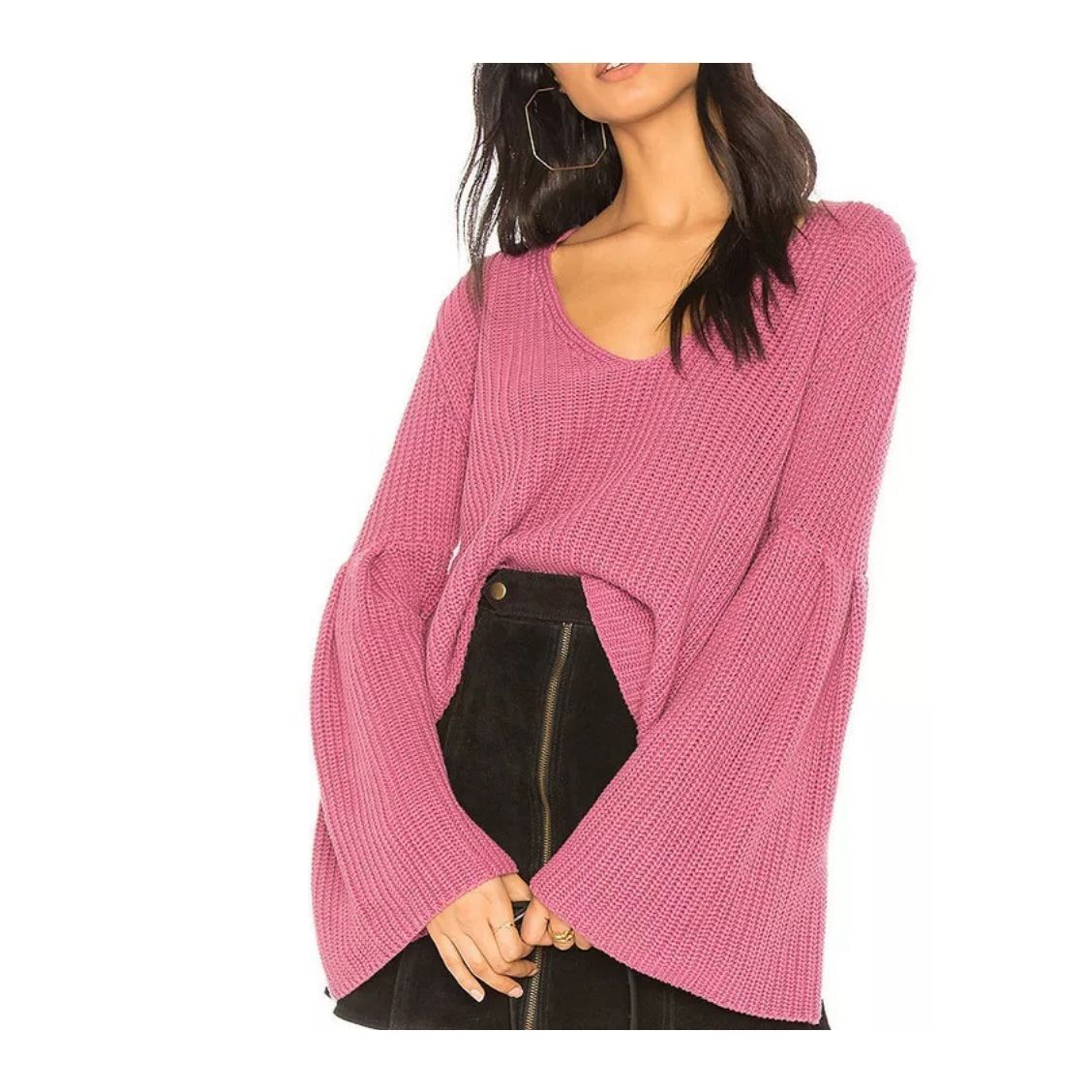Free People FREE PEOPLE Rose Pink Damsel Bell Sleeve Cotton V-neck Sweat Size M / US 6-8 / IT 42-44 - 1 Thumbnail