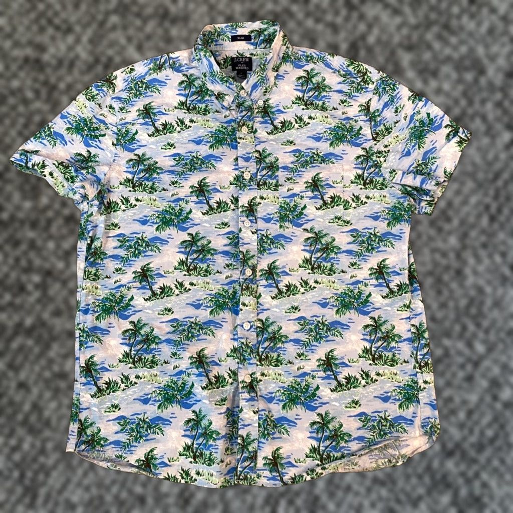 J.Crew J.Crew Shirt Mens Large Slim Flex Washed Tropical Palm Tree Short Sleeve Blue Button-Up Collared Slim Fit Casual Summer Vacation Mens Size US L / EU 52-54 / 3 - 1 Thumbnail