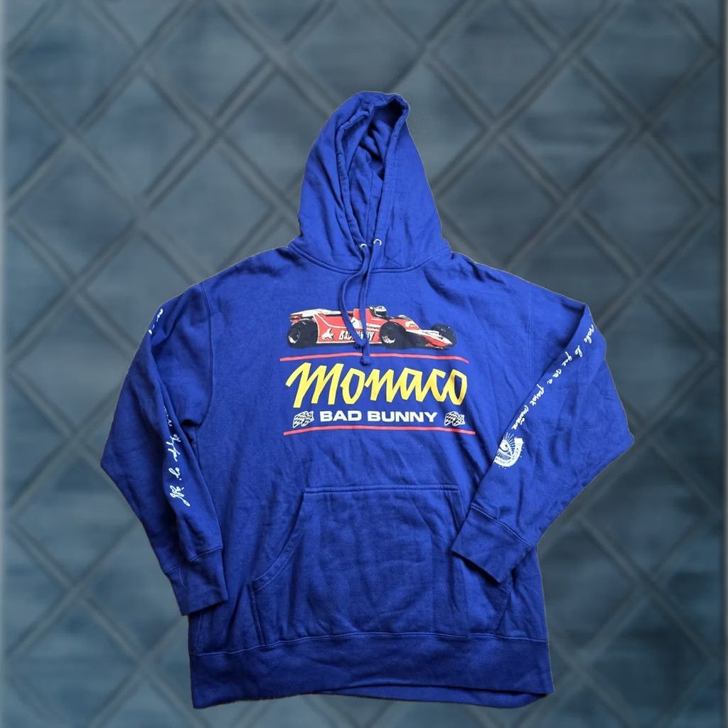 Vintage Bad Bunny Most Wanted Tour Hoodie Mens XL Blue Monaco Grand Prix Long Sleeve Crew Neck Hooded Graphic Print Pullover Size US XL / EU 56 / 4 - 1 Thumbnail