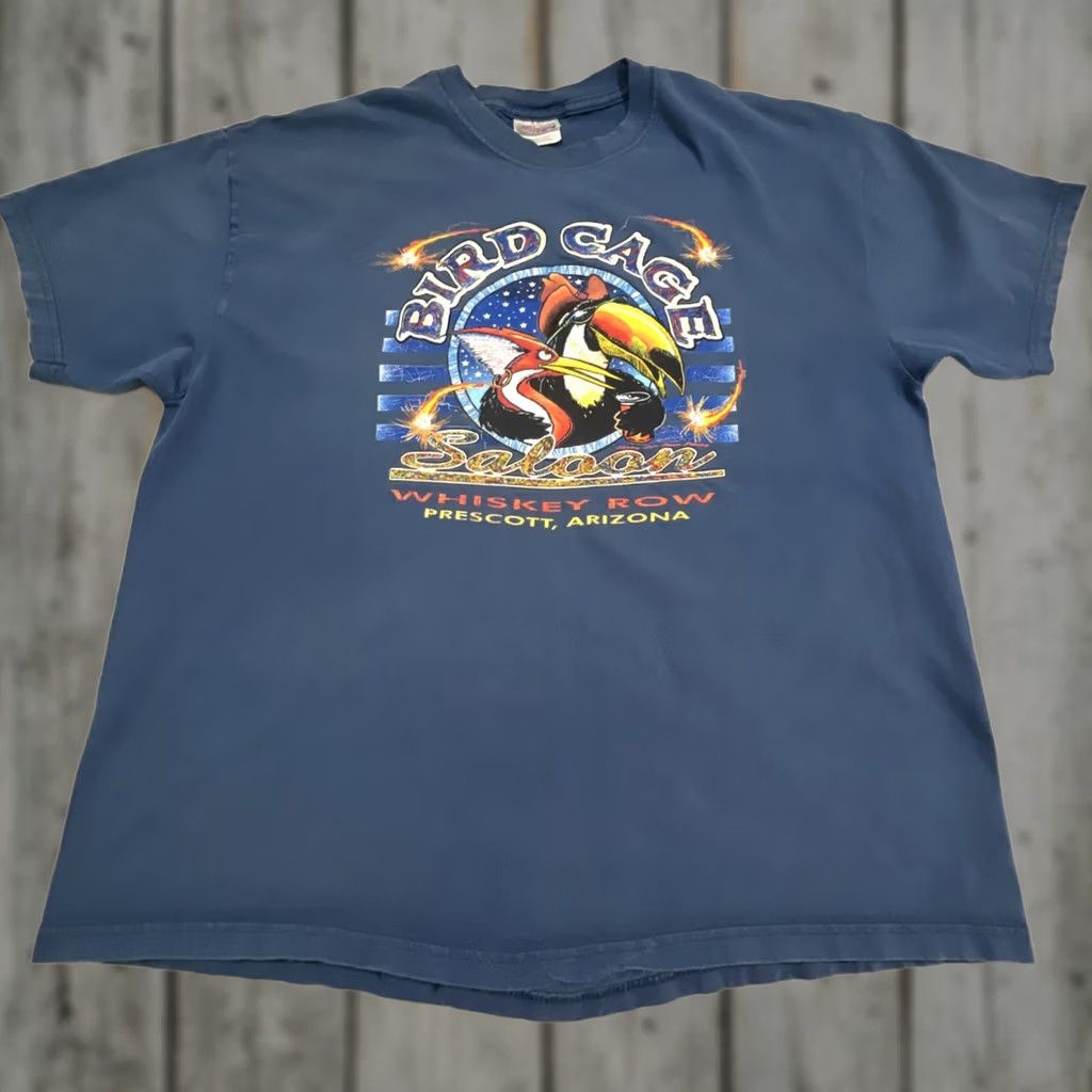 Hanes VINTAGE Hanes Bird Cage Saloon Shirt Men XL Crew Neck Short Sleeve Blue Cotton Graphic Print Bar Travel 90s Mens Size US XL / EU 56 / 4 - 1 Thumbnail