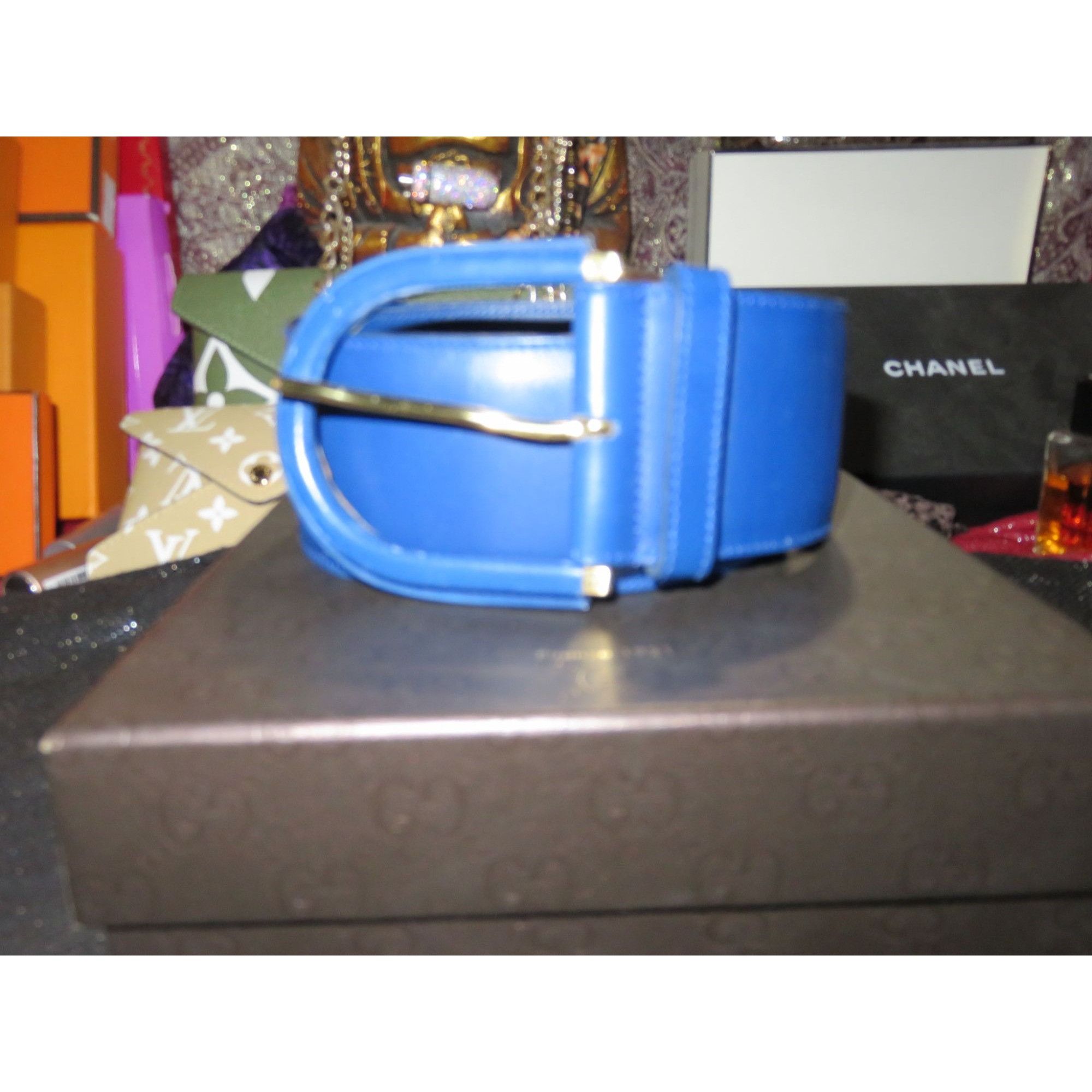 image of Gucci Blue Wide Big Buckled Leather Belt Sapphire Cobalt 75 in Cobalt Sapphire Blue, Women's