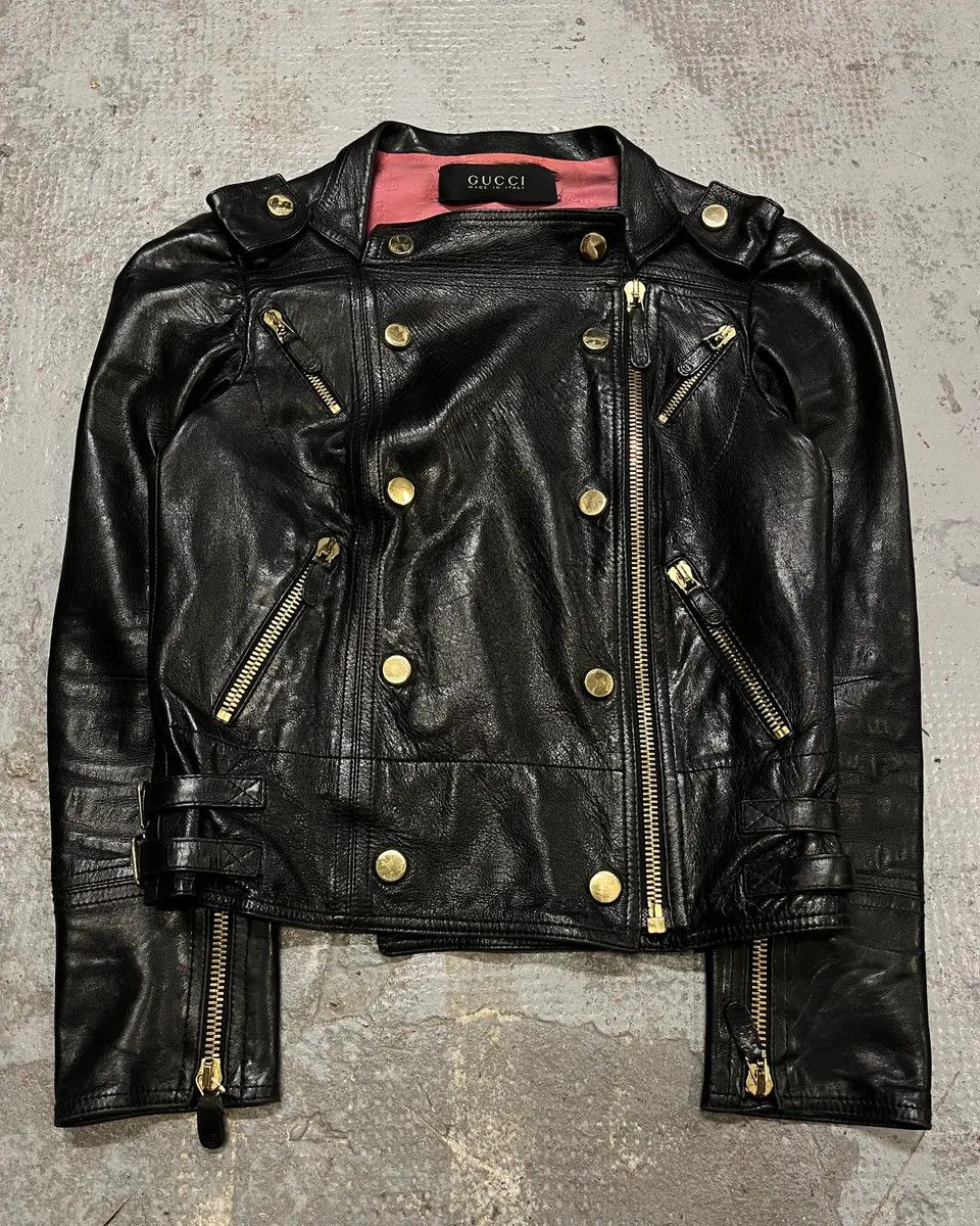 Gucci 2010s Gucci Black Leather Gold-Studded Biker Jacket Size XS / US 0-2 / IT 36-38 - 3 Thumbnail