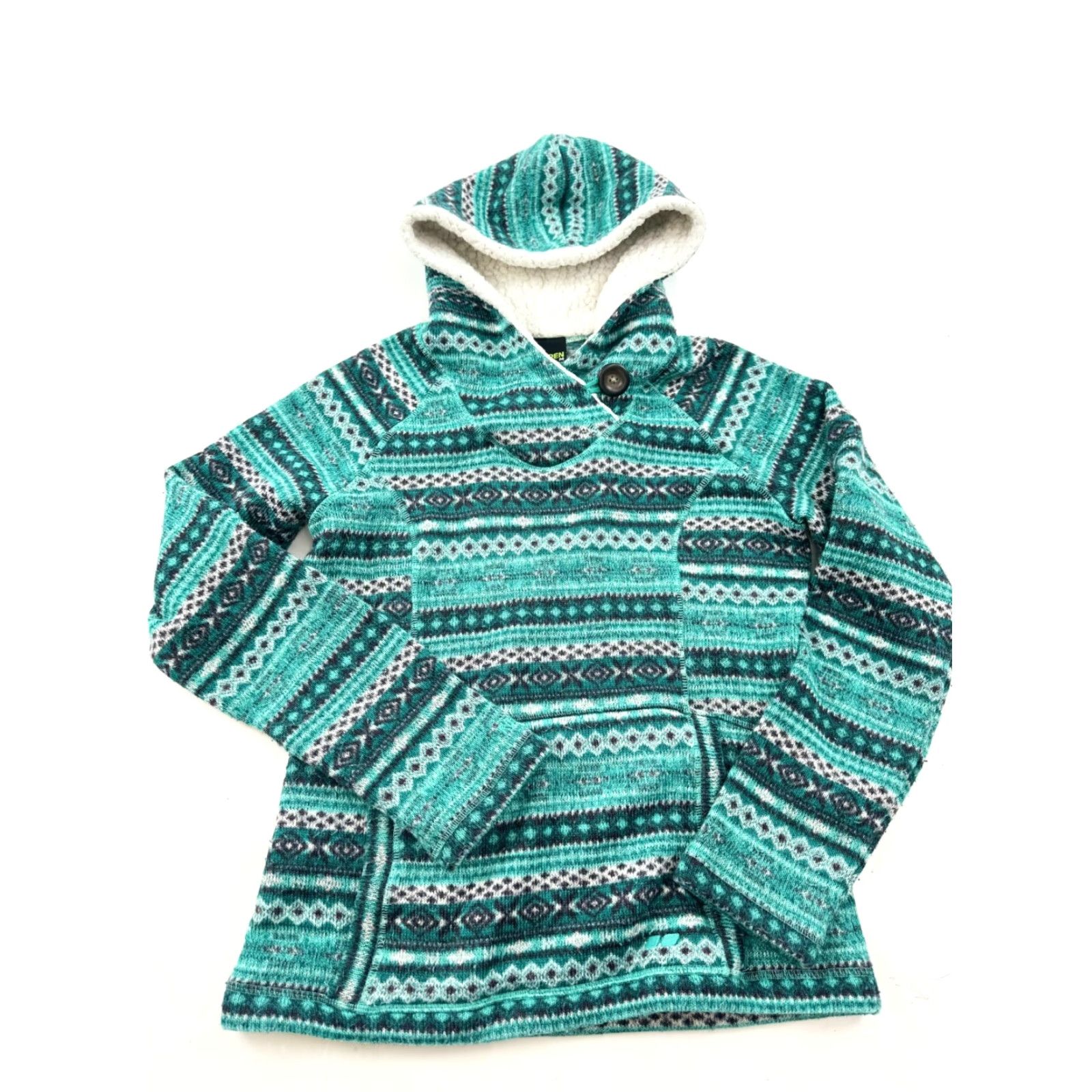 Vintage Köppen Hoodie Womens Medium Green Fair Isle Pattern Sherpa Lined Hood Pullover Size M / US 6-8 / IT 42-44 - 2 Thumbnail